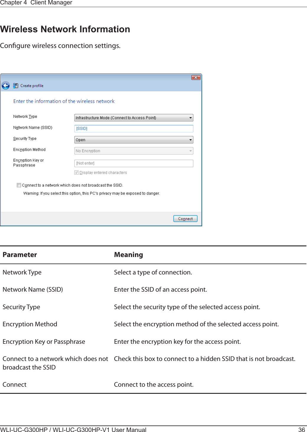 WLI-UC-G300HP / WLI-UC-G300HP-V1 User Manual 36Chapter 4  Client ManagerParameter MeaningNetwork Type Select a type of connection.Network Name (SSID) Enter the SSID of an access point.Security Type Select the security type of the selected access point.Encryption Method Select the encryption method of the selected access point.Encryption Key or Passphrase Enter the encryption key for the access point.Connect to a network which does not broadcast the SSIDCheck this box to connect to a hidden SSID that is not broadcast.Connect Connect to the access point.Wireless Network InformationCongure wireless connection settings.