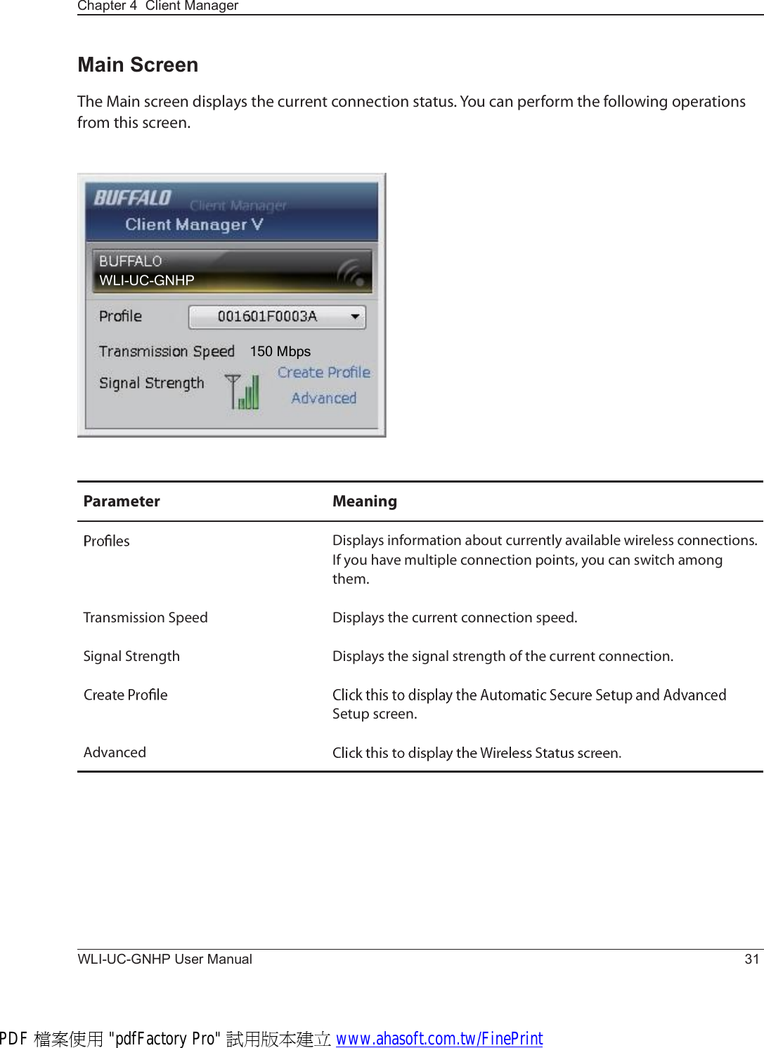 ÉÔ×óËÝóÙÒØÐïëð Ó¾°-Chapter 4  Client ManagerWLI-UC-GNHP User Manual 31Ð¿®¿³»¬»® Ó»¿²·²¹Ü·-°´¿§- ·²º±®³¿¬·±² ¿¾±«¬ ½«®®»²¬´§ ¿ª¿·´¿¾´» ©·®»´»-- ½±²²»½¬·±²-ò×º §±« ¸¿ª» ³«´¬·°´» ½±²²»½¬·±² °±·²¬-ô §±« ½¿² -©·¬½¸ ¿³±²¹ ¬¸»³òÌ®¿²-³·--·±² Í°»»¼ Ü·-°´¿§- ¬¸» ½«®®»²¬ ½±²²»½¬·±² -°»»¼òÍ·¹²¿´ Í¬®»²¹¬¸ Ü·-°´¿§- ¬¸» -·¹²¿´ -¬®»²¹¬¸ ±º ¬¸» ½«®®»²¬ ½±²²»½¬·±²òÍ»¬«° -½®»»²òß¼ª¿²½»¼Main ScreenÌ¸» Ó¿·² -½®»»² ¼·-°´¿§- ¬¸» ½«®®»²¬ ½±²²»½¬·±² -¬¿¬«-ò Ç±« ½¿² °»®º±®³ ¬¸» º±´´±©·²¹ ±°»®¿¬·±²- º®±³ ¬¸·- -½®»»²òPDF 檔案使用 &quot;pdfFactory Pro&quot; 試用版本建立 www.ahasoft.com.tw/FinePrint