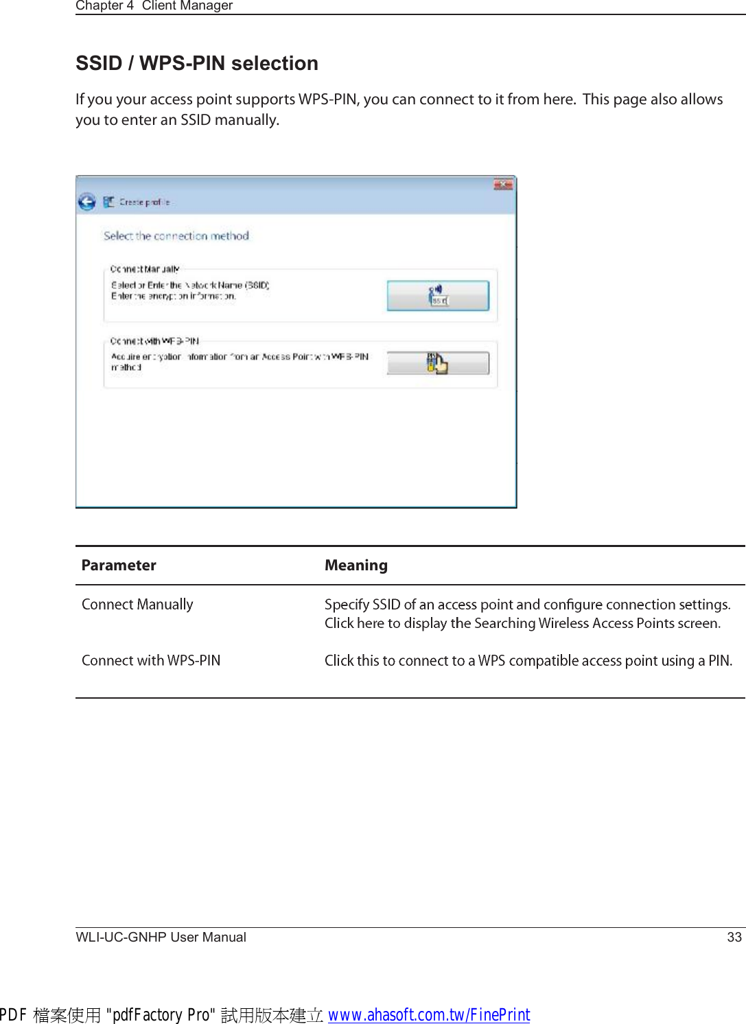 Chapter 4  Client ManagerWLI-UC-GNHP User Manual 33Ð¿®¿³»¬»® Ó»¿²·²¹SSID / WPS-PIN selection×º §±« §±«® ¿½½»-- °±·²¬ -«°°±®¬- ÉÐÍóÐ×Òô §±« ½¿² ½±²²»½¬ ¬± ·¬ º®±³ ¸»®»ò  Ì¸·- °¿¹» ¿´-± ¿´´±©- §±« ¬± »²¬»® ¿² ÍÍ×Ü ³¿²«¿´´§òPDF 檔案使用 &quot;pdfFactory Pro&quot; 試用版本建立 www.ahasoft.com.tw/FinePrint