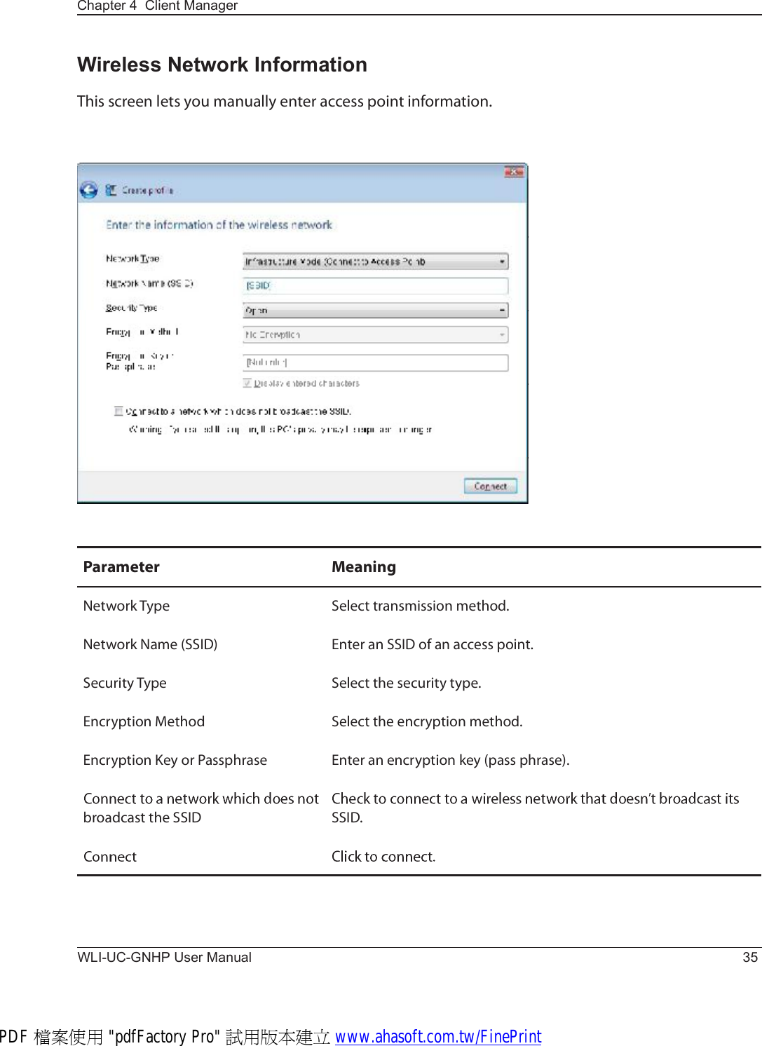 Chapter 4  Client ManagerWLI-UC-GNHP User Manual 35Ð¿®¿³»¬»® Ó»¿²·²¹Ò»¬©±®µ Ì§°» Í»´»½¬ ¬®¿²-³·--·±² ³»¬¸±¼òÒ»¬©±®µ Ò¿³» øÍÍ×Ü÷ Û²¬»® ¿² ÍÍ×Ü ±º ¿² ¿½½»-- °±·²¬òÍ»½«®·¬§ Ì§°» Í»´»½¬ ¬¸» -»½«®·¬§ ¬§°»òÛ²½®§°¬·±² Ó»¬¸±¼ Í»´»½¬ ¬¸» »²½®§°¬·±² ³»¬¸±¼òÛ²½®§°¬·±² Õ»§ ±® Ð¿--°¸®¿-» Û²¬»® ¿² »²½®§°¬·±² µ»§ ø°¿-- °¸®¿-»÷ò¾®±¿¼½¿-¬ ¬¸» ÍÍ×Ü ÍÍ×ÜòWireless Network InformationÌ¸·- -½®»»² ´»¬- §±« ³¿²«¿´´§ »²¬»® ¿½½»-- °±·²¬ ·²º±®³¿¬·±²òPDF 檔案使用 &quot;pdfFactory Pro&quot; 試用版本建立 www.ahasoft.com.tw/FinePrint