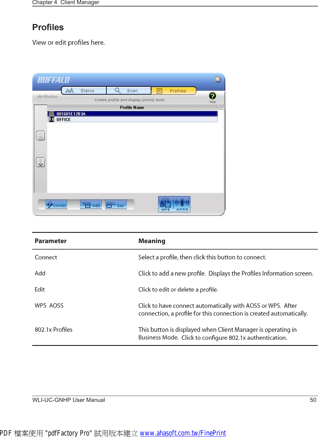 WLI-UC-GNHP User Manual 50Chapter 4  Client ManagerÐ¿®¿³»¬»® Ó»¿²·²¹ß¼¼Û¼·¬ÉÐÍ  ßÑÍÍÞ«-·²»-- Ó±¼»òPDF 檔案使用 &quot;pdfFactory Pro&quot; 試用版本建立 www.ahasoft.com.tw/FinePrint