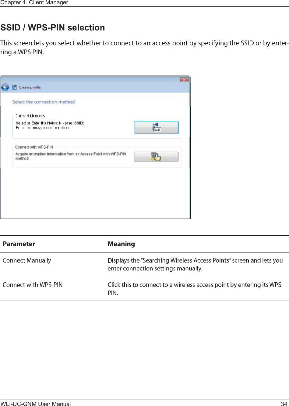 WLI-UC-GNM User Manual 34Chapter 4  Client ManagerÐ¿®¿³»¬»® Ó»¿²·²¹»²¬»® ½±²²»½¬·±² -»¬¬·²¹- ³¿²«¿´´§òÐ×ÒòSSID / WPS-PIN selectionó®·²¹ ¿ ÉÐÍ Ð×Òò