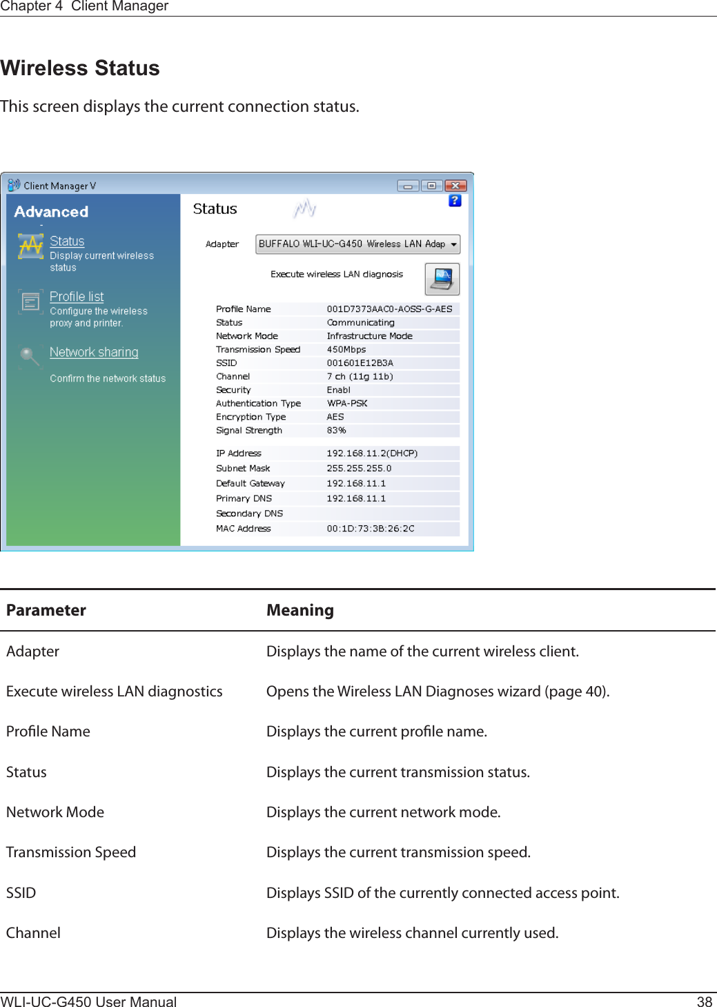 WLI-UC-G450 User Manual 38Chapter 4  Client ManagerParameter MeaningAdapter Displays the name of the current wireless client.Execute wireless LAN diagnostics Opens the Wireless LAN Diagnoses wizard (page 40).Prole Name Displays the current prole name.Status Displays the current transmission status.Network Mode Displays the current network mode.Transmission Speed Displays the current transmission speed.SSID Displays SSID of the currently connected access point.Channel Displays the wireless channel currently used.Wireless StatusThis screen displays the current connection status.