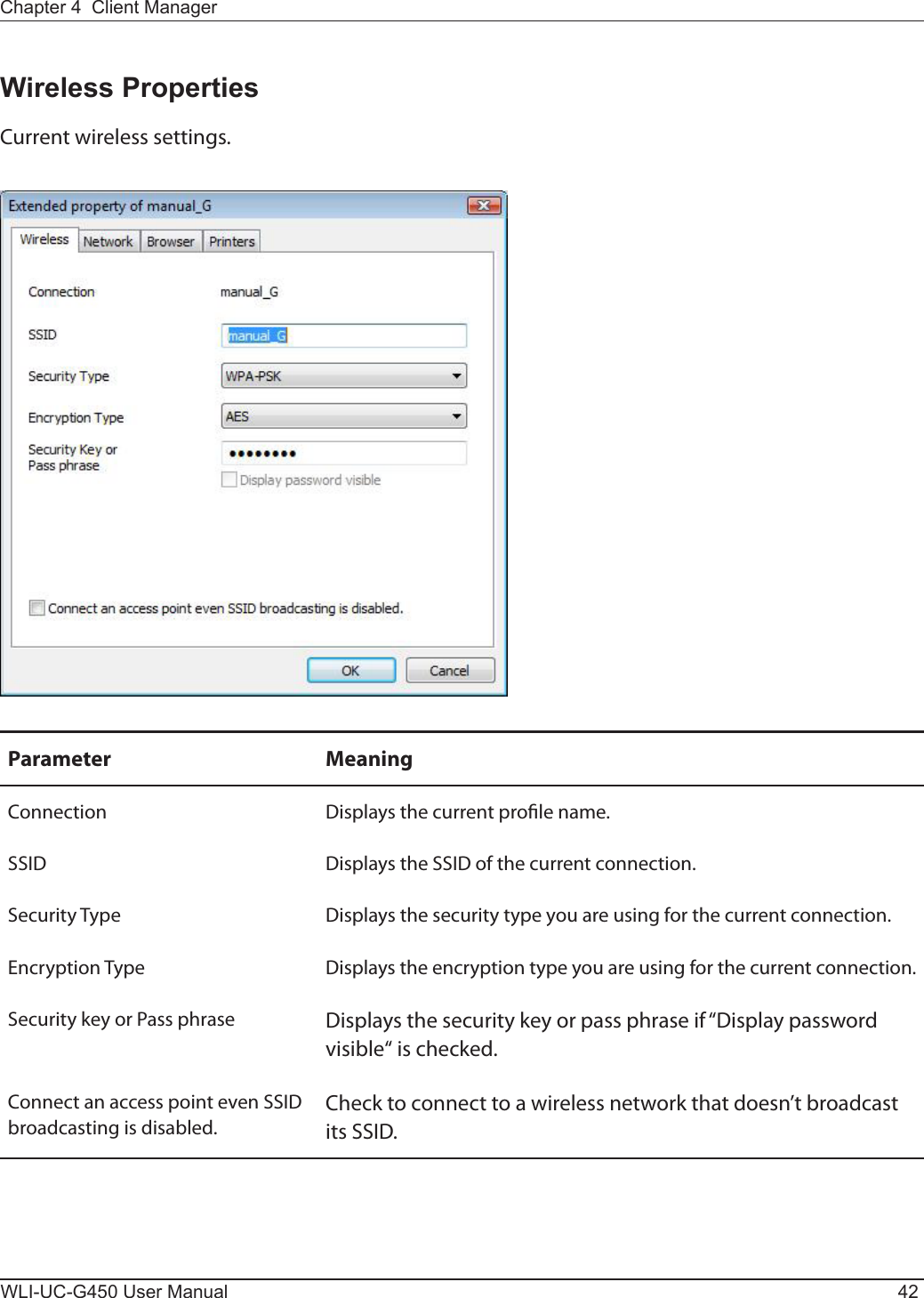 WLI-UC-G450 User Manual 42Chapter 4  Client ManagerWireless PropertiesCurrent wireless settings.Parameter MeaningConnection Displays the current prole name.SSID Displays the SSID of the current connection.Security Type Displays the security type you are using for the current connection.Encryption Type Displays the encryption type you are using for the current connection.Security key or Pass phrase Displays the security key or pass phrase if “Display password visible“ is checked.Connect an access point even SSID broadcasting is disabled.Check to connect to a wireless network that doesn’t broadcast its SSID.