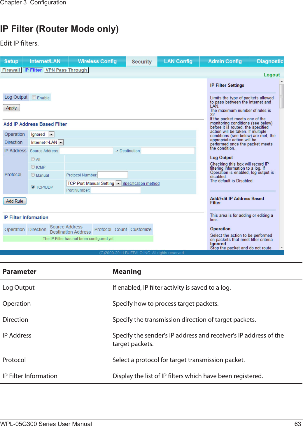 Chapter 3  CongurationWPL-05G300 Series User Manual 63IP Filter (Router Mode only)Edit IP lters.Parameter MeaningLog Output If enabled, IP lter activity is saved to a log.Operation Specify how to process target packets.Direction Specify the transmission direction of target packets.IP Address Specify the sender&apos;s IP address and receiver&apos;s IP address of the target packets.Protocol Select a protocol for target transmission packet.IP Filter Information Display the list of IP lters which have been registered.