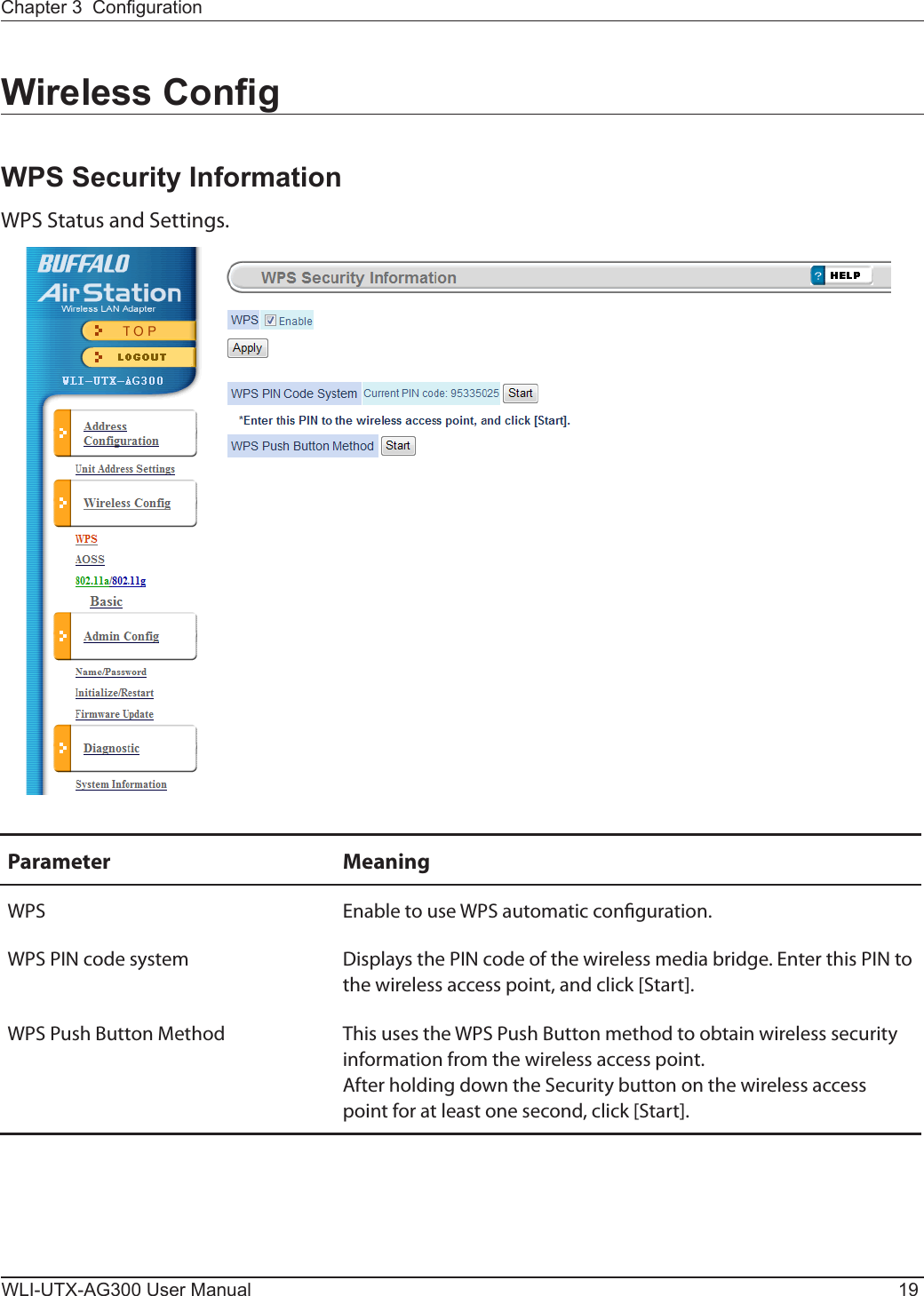 Chapter 3  CongurationWLI-UTX-AG300 User Manual 19Wireless CongWPS Security InformationWPS Status and Settings.Parameter MeaningWPS Enable to use WPS automatic conguration.WPS PIN code system Displays the PIN code of the wireless media bridge. Enter this PIN to the wireless access point, and click [Start].WPS Push Button Method This uses the WPS Push Button method to obtain wireless security information from the wireless access point. After holding down the Security button on the wireless access point for at least one second, click [Start]. 