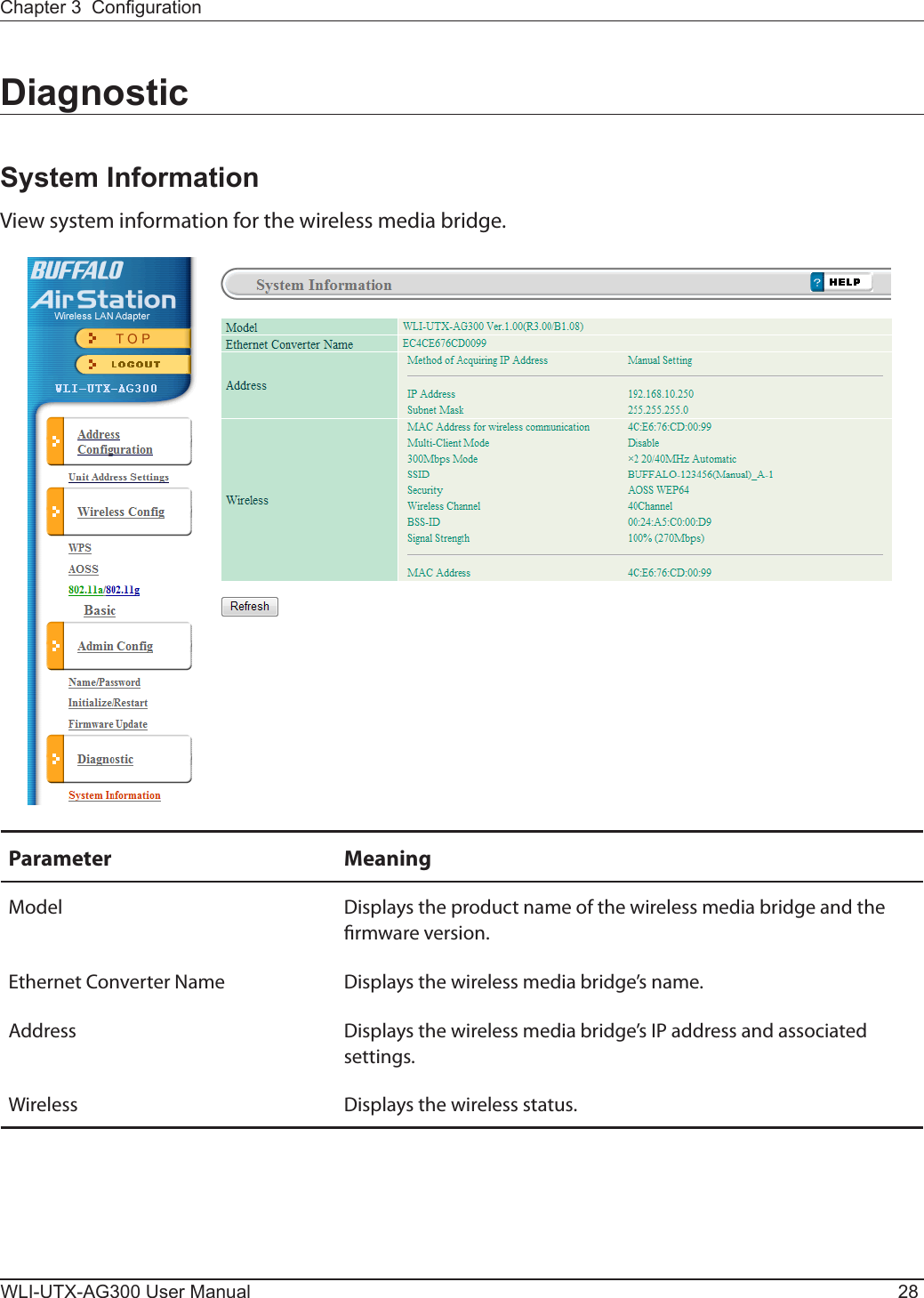 WLI-UTX-AG300 User Manual 28Chapter 3  CongurationDiagnosticSystem InformationView system information for the wireless media bridge.Parameter MeaningModel Displays the product name of the wireless media bridge and the rmware version.Ethernet Converter Name Displays the wireless media bridge’s name.Address Displays the wireless media bridge’s IP address and associated settings.Wireless Displays the wireless status.