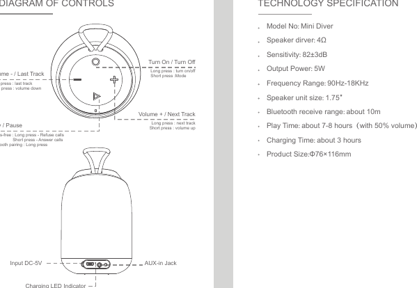 BUGANi Electronic MINIDIVER Bluetooth Speaker User Manual