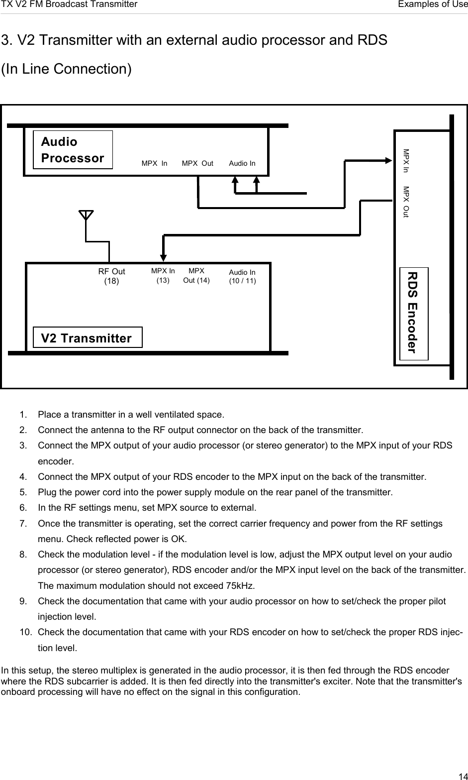 TX V2 FM Broadcast Transmitter     Examples of Use 14  3. V2 Transmitter with an external audio processor and RDS  (In Line Connection)                 1.  Place a transmitter in a well ventilated space.  2.  Connect the antenna to the RF output connector on the back of the transmitter.  3.  Connect the MPX output of your audio processor (or stereo generator) to the MPX input of your RDS encoder.  4.  Connect the MPX output of your RDS encoder to the MPX input on the back of the transmitter.  5.  Plug the power cord into the power supply module on the rear panel of the transmitter.  6.  In the RF settings menu, set MPX source to external. 7.  Once the transmitter is operating, set the correct carrier frequency and power from the RF settings menu. Check reflected power is OK. 8.  Check the modulation level - if the modulation level is low, adjust the MPX output level on your audio processor (or stereo generator), RDS encoder and/or the MPX input level on the back of the transmitter. The maximum modulation should not exceed 75kHz.  9.  Check the documentation that came with your audio processor on how to set/check the proper pilot injection level.  10.  Check the documentation that came with your RDS encoder on how to set/check the proper RDS injec-tion level.   In this setup, the stereo multiplex is generated in the audio processor, it is then fed through the RDS encoder where the RDS subcarrier is added. It is then fed directly into the transmitter&apos;s exciter. Note that the transmitter&apos;s onboard processing will have no effect on the signal in this configuration. RF Out (18) MPX In (13) MPX Out (14) V2 Transmitter Audio In (10 / 11)  Audio Processor Audio In MPX  In MPX  Out MPX  Out MPX In RDS Encoder 