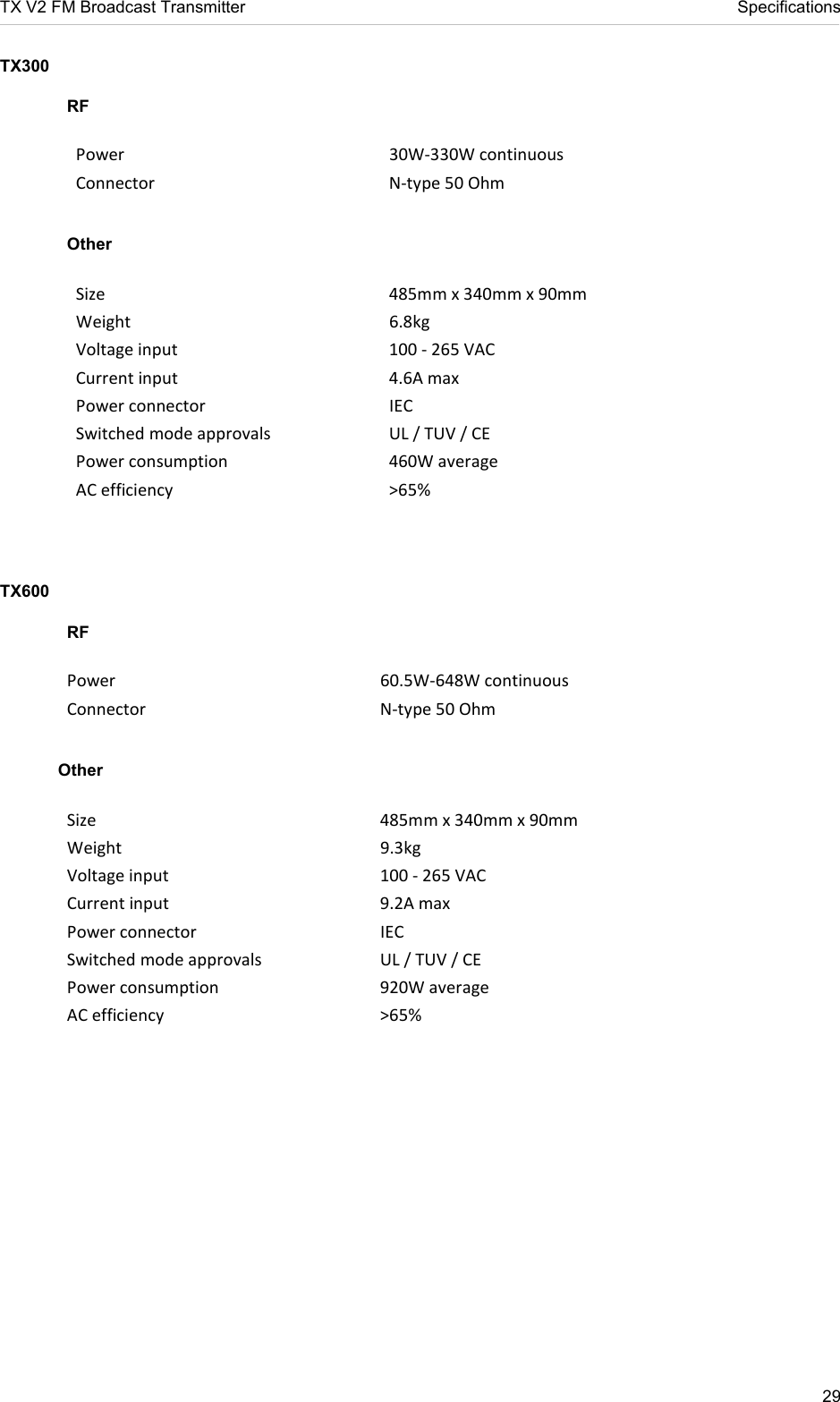 TX V2 FM Broadcast Transmitter     Specifications 29  TX300 RF Power  30W-330W continuous Connector   N-type 50 Ohm   Other Size   485mm x 340mm x 90mm  Weight   6.8kg Voltage input   100 - 265 VAC  Current input   4.6A max Power connector   IEC Switched mode approvals  UL / TUV / CE Power consumption  460W average AC efficiency  &gt;65%   TX600 RF Power  60.5W-648W continuous Connector   N-type 50 Ohm   Other Size   485mm x 340mm x 90mm  Weight   9.3kg Voltage input   100 - 265 VAC  Current input   9.2A max Power connector   IEC Switched mode approvals  UL / TUV / CE Power consumption  920W average AC efficiency  &gt;65%     