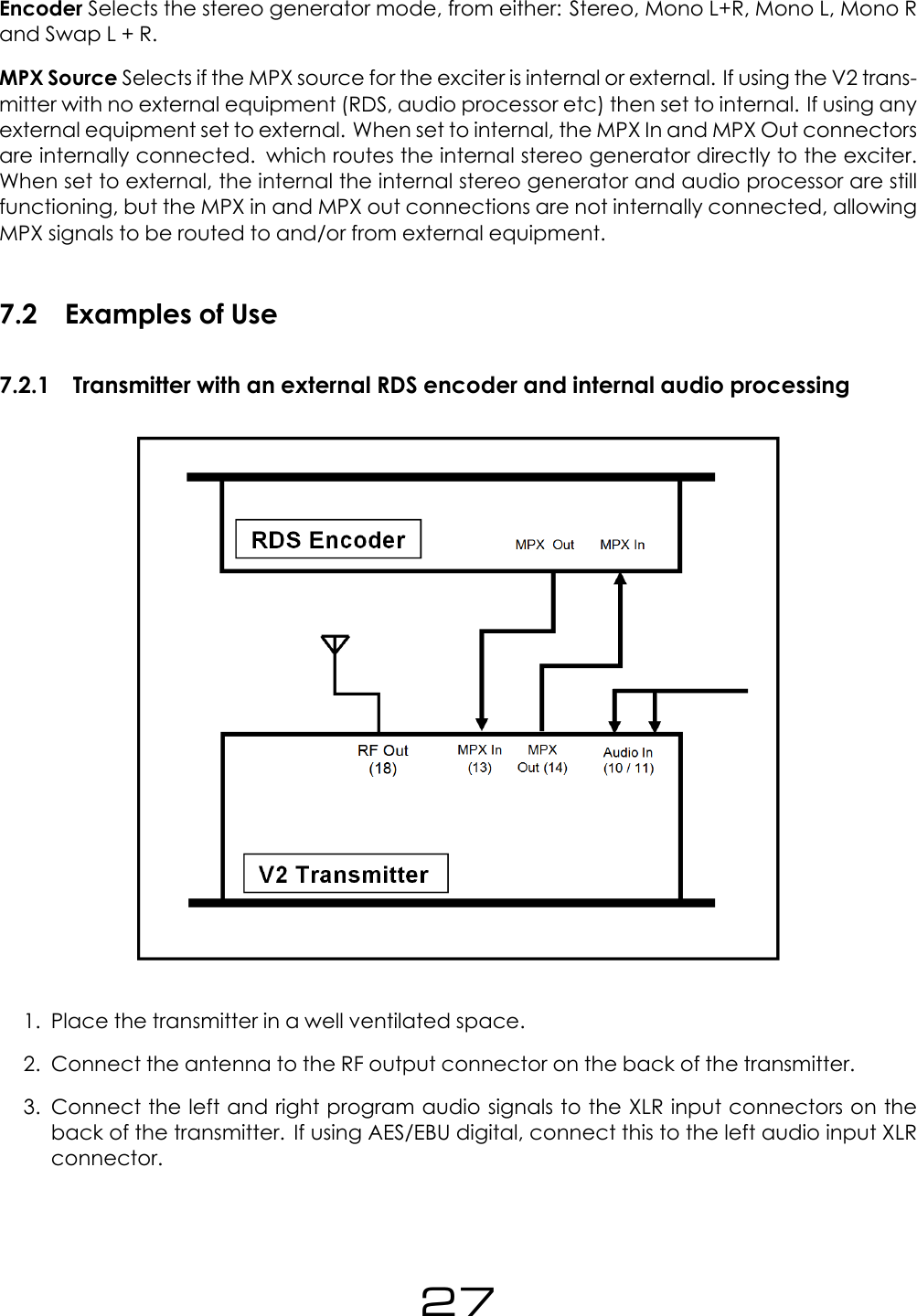 Encoder Selects the stereo generator mode, from either: Stereo, Mono L+R, Mono L, Mono Rand Swap L + R.MPX Source Selects if the MPX source for the exciter is internal or external. If using the V2 trans-mitter with no external equipment (RDS, audio processor etc) then set to internal. If using anyexternal equipment set to external. When set to internal, the MPX In and MPX Out connectorsare internally connected. which routes the internal stereo generator directly to the exciter.When set to external, the internal the internal stereo generator and audio processor are stillfunctioning, but the MPX in and MPX out connections are not internally connected, allowingMPX signals to be routed to and/or from external equipment.7.2 Examples of Use7.2.1 Transmitter with an external RDS encoder and internal audio processing1. Place the transmitter in a well ventilated space.2. Connect the antenna to the RF output connector on the back of the transmitter.3. Connect the left and right program audio signals to the XLR input connectors on theback of the transmitter. If using AES/EBU digital, connect this to the left audio input XLRconnector.27