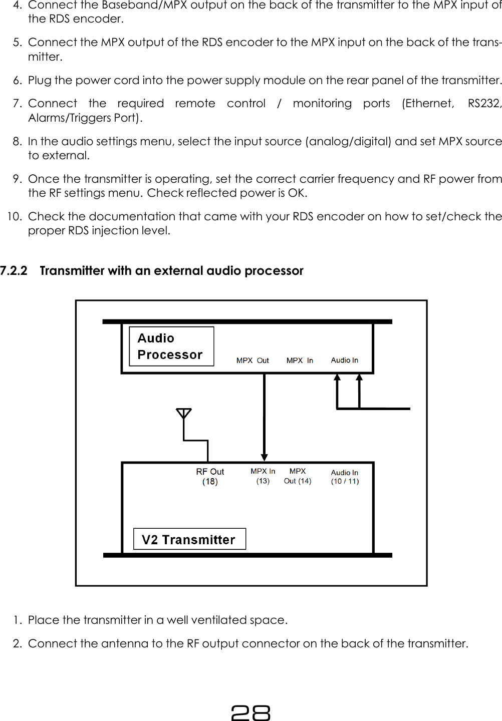 4. Connect the Baseband/MPX output on the back of the transmitter to the MPX input ofthe RDS encoder.5. Connect the MPX output of the RDS encoder to the MPX input on the back of the trans-mitter.6. Plug the power cord into the power supply module on the rear panel of the transmitter.7. Connect the required remote control / monitoring ports (Ethernet, RS232,Alarms/Triggers Port).8. In the audio settings menu, select the input source (analog/digital) and set MPX sourceto external.9. Once the transmitter is operating, set the correct carrier frequency and RF power fromthe RF settings menu. Check reflected power is OK.10. Check the documentation that came with your RDS encoder on how to set/check theproper RDS injection level.7.2.2 Transmitter with an external audio processor1. Place the transmitter in a well ventilated space.2. Connect the antenna to the RF output connector on the back of the transmitter.28