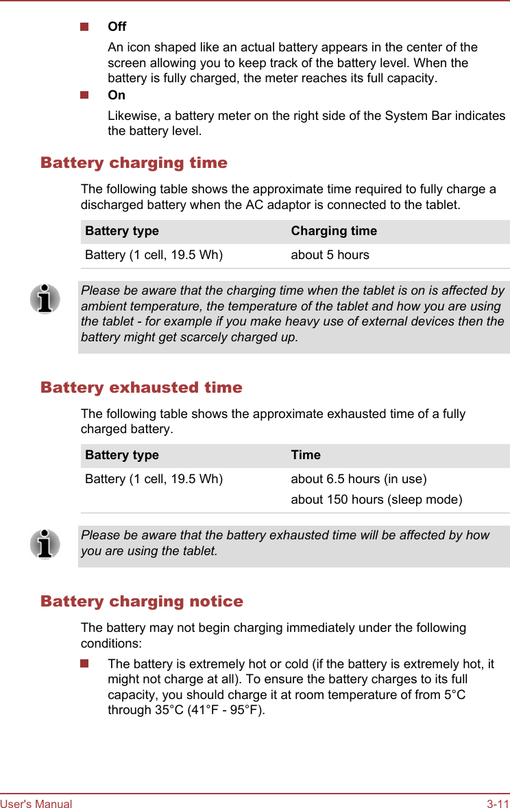 OffAn icon shaped like an actual battery appears in the center of thescreen allowing you to keep track of the battery level. When thebattery is fully charged, the meter reaches its full capacity.OnLikewise, a battery meter on the right side of the System Bar indicatesthe battery level.Battery charging timeThe following table shows the approximate time required to fully charge adischarged battery when the AC adaptor is connected to the tablet.Battery type Charging timeBattery (1 cell, 19.5 Wh) about 5 hoursPlease be aware that the charging time when the tablet is on is affected byambient temperature, the temperature of the tablet and how you are usingthe tablet - for example if you make heavy use of external devices then thebattery might get scarcely charged up.Battery exhausted timeThe following table shows the approximate exhausted time of a fullycharged battery.Battery type TimeBattery (1 cell, 19.5 Wh) about 6.5 hours (in use)about 150 hours (sleep mode)Please be aware that the battery exhausted time will be affected by howyou are using the tablet.Battery charging noticeThe battery may not begin charging immediately under the followingconditions:The battery is extremely hot or cold (if the battery is extremely hot, itmight not charge at all). To ensure the battery charges to its fullcapacity, you should charge it at room temperature of from 5°Cthrough 35°C (41°F - 95°F).User&apos;s Manual 3-11