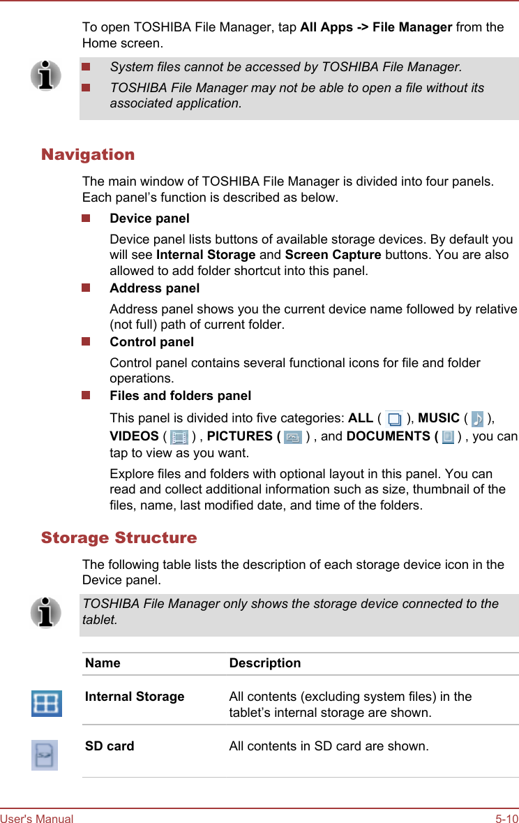 To open TOSHIBA File Manager, tap All Apps -&gt; File Manager from theHome screen.System files cannot be accessed by TOSHIBA File Manager.TOSHIBA File Manager may not be able to open a file without itsassociated application.NavigationThe main window of TOSHIBA File Manager is divided into four panels.Each panel’s function is described as below.Device panelDevice panel lists buttons of available storage devices. By default youwill see Internal Storage and Screen Capture buttons. You are alsoallowed to add folder shortcut into this panel.Address panelAddress panel shows you the current device name followed by relative(not full) path of current folder.Control panelControl panel contains several functional icons for file and folderoperations.Files and folders panelThis panel is divided into five categories: ALL (   ), MUSIC (   ), VIDEOS (   ) , PICTURES (   ) , and DOCUMENTS (   ) , you cantap to view as you want.Explore files and folders with optional layout in this panel. You canread and collect additional information such as size, thumbnail of thefiles, name, last modified date, and time of the folders.Storage StructureThe following table lists the description of each storage device icon in theDevice panel.TOSHIBA File Manager only shows the storage device connected to thetablet.Name DescriptionInternal Storage All contents (excluding system files) in thetablet’s internal storage are shown.SD card All contents in SD card are shown.User&apos;s Manual 5-10