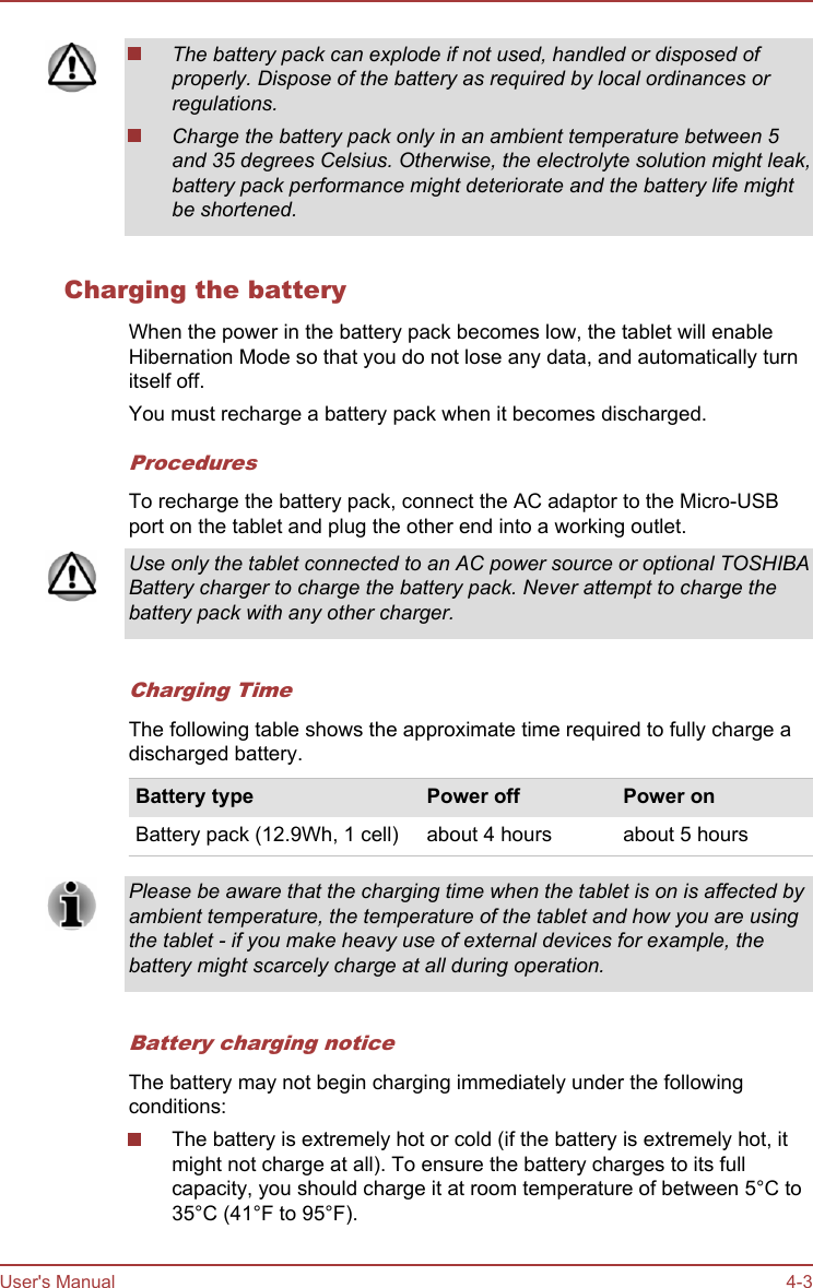 The battery pack can explode if not used, handled or disposed ofproperly. Dispose of the battery as required by local ordinances orregulations.Charge the battery pack only in an ambient temperature between 5and 35 degrees Celsius. Otherwise, the electrolyte solution might leak,battery pack performance might deteriorate and the battery life mightbe shortened.Charging the batteryWhen the power in the battery pack becomes low, the tablet will enableHibernation Mode so that you do not lose any data, and automatically turnitself off.You must recharge a battery pack when it becomes discharged.ProceduresTo recharge the battery pack, connect the AC adaptor to the Micro-USBport on the tablet and plug the other end into a working outlet.Use only the tablet connected to an AC power source or optional TOSHIBABattery charger to charge the battery pack. Never attempt to charge thebattery pack with any other charger.Charging TimeThe following table shows the approximate time required to fully charge adischarged battery.Battery type Power off Power onBattery pack (12.9Wh, 1 cell) about 4 hours about 5 hoursPlease be aware that the charging time when the tablet is on is affected byambient temperature, the temperature of the tablet and how you are usingthe tablet - if you make heavy use of external devices for example, thebattery might scarcely charge at all during operation.Battery charging noticeThe battery may not begin charging immediately under the followingconditions:The battery is extremely hot or cold (if the battery is extremely hot, itmight not charge at all). To ensure the battery charges to its fullcapacity, you should charge it at room temperature of between 5°C to35°C (41°F to 95°F).User&apos;s Manual 4-3