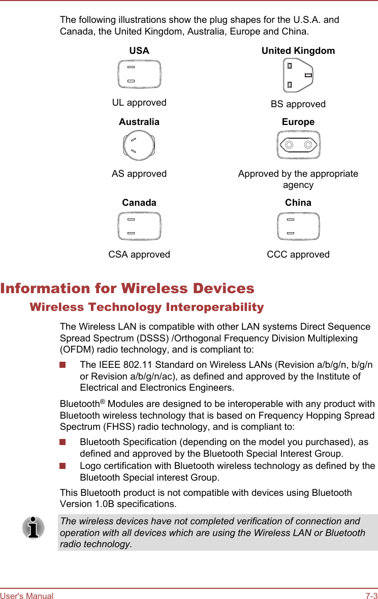 The following illustrations show the plug shapes for the U.S.A. andCanada, the United Kingdom, Australia, Europe and China.USAUL approvedUnited KingdomBS approvedAustraliaAS approvedEuropeApproved by the appropriateagencyCanadaCSA approvedChinaCCC approvedInformation for Wireless DevicesWireless Technology InteroperabilityThe Wireless LAN is compatible with other LAN systems Direct SequenceSpread Spectrum (DSSS) /Orthogonal Frequency Division Multiplexing(OFDM) radio technology, and is compliant to:The IEEE 802.11 Standard on Wireless LANs (Revision a/b/g/n, b/g/nor Revision a/b/g/n/ac), as defined and approved by the Institute ofElectrical and Electronics Engineers.Bluetooth® Modules are designed to be interoperable with any product withBluetooth wireless technology that is based on Frequency Hopping SpreadSpectrum (FHSS) radio technology, and is compliant to:Bluetooth Specification (depending on the model you purchased), asdefined and approved by the Bluetooth Special Interest Group.Logo certification with Bluetooth wireless technology as defined by theBluetooth Special interest Group.This Bluetooth product is not compatible with devices using BluetoothVersion 1.0B specifications.The wireless devices have not completed verification of connection andoperation with all devices which are using the Wireless LAN or Bluetoothradio technology.User&apos;s Manual 7-3
