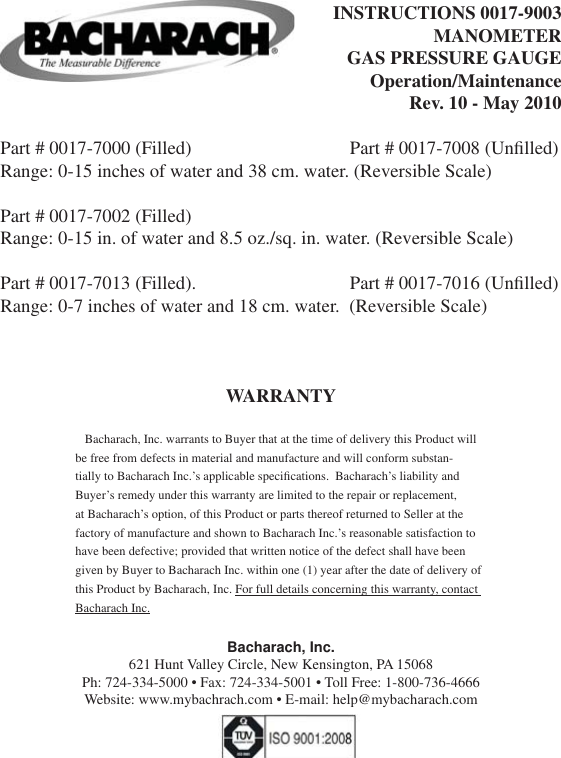 Bacharach Portable Manometer Owner S Manual 0017 9003