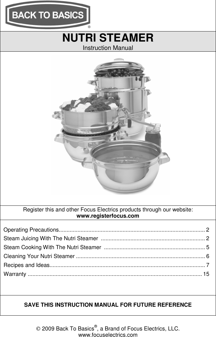 Back To Basics Nutri Steamer L5725A 01 09 Users Manual L5725