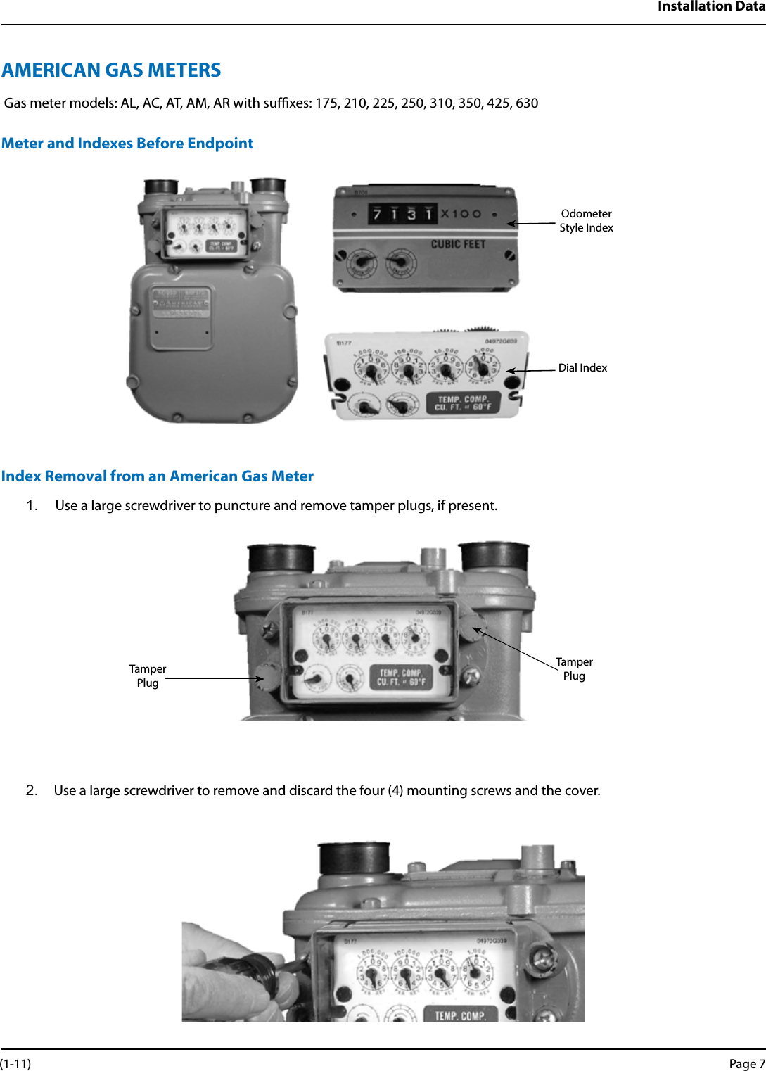 Installation DataAMERICAN GAS METERS Gas meter models: AL, AC, AT, AM, AR with suxes: 175, 210, 225, 250, 310, 350, 425, 630Meter and Indexes Before Endpoint                Index Removal from an American Gas Meter1.  Use a large screwdriver to puncture and remove tamper plugs, if present.2.  Use a large screwdriver to remove and discard the four (4) mounting screws and the cover.TamperPlugTamperPlugOdometer Style Index  Dial Index (1-11) Page 7