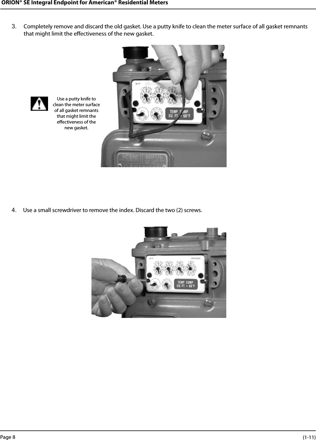 ORION® SE Integral Endpoint for American® Residential Meters3.   Completely remove and discard the old gasket. Use a putty knife to clean the meter surface of all gasket remnants that might limit the eectiveness of the new gasket.4.  Use a small screwdriver to remove the index. Discard the two (2) screws.Use a putty knife to clean the meter surface of all gasket remnants that might limit the  eectiveness of the new gasket.Page 8 (1-11)