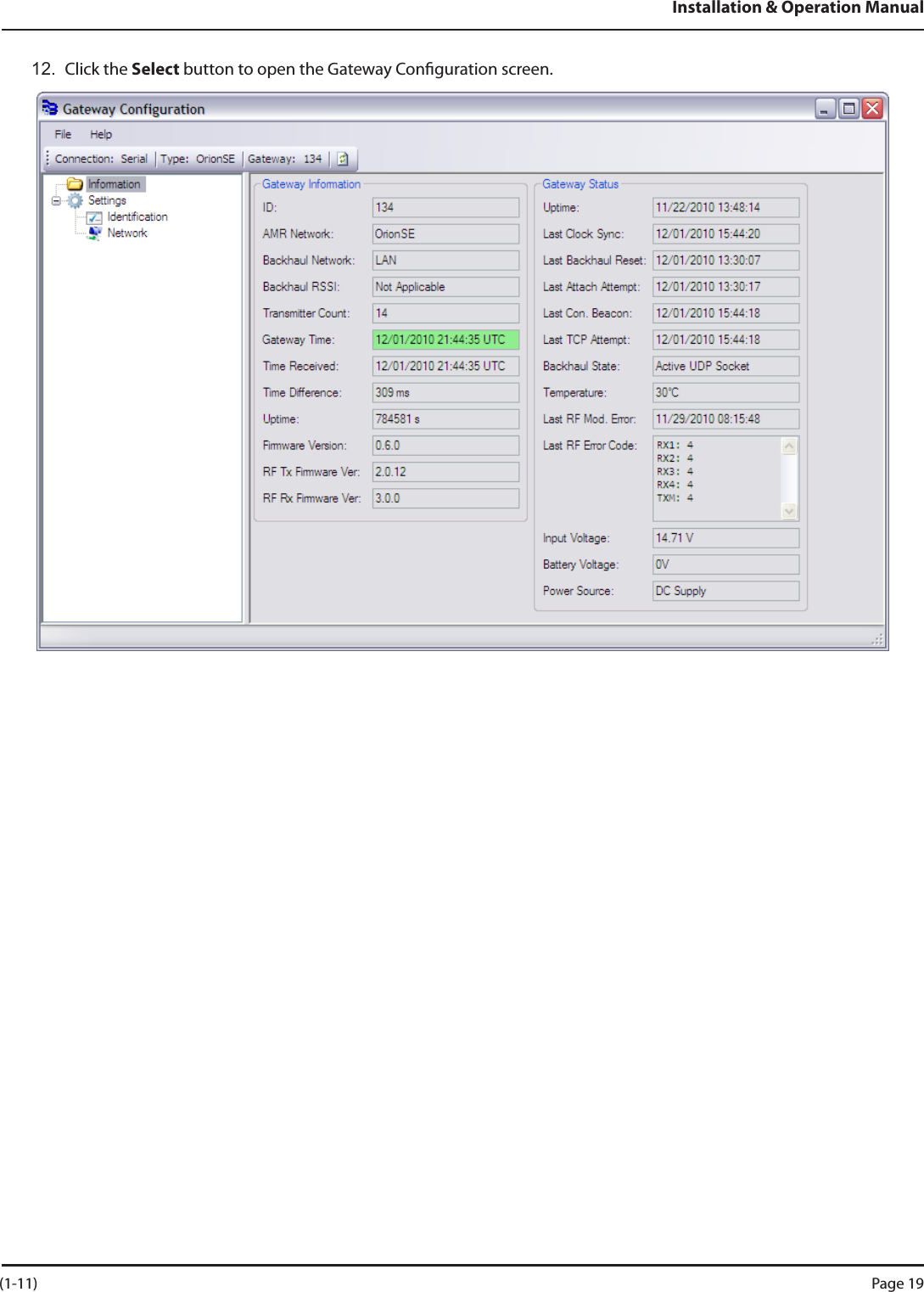 Installation &amp; Operation Manual12.  Click the Select button to open the Gateway Conguration screen. (1-11) Page 19