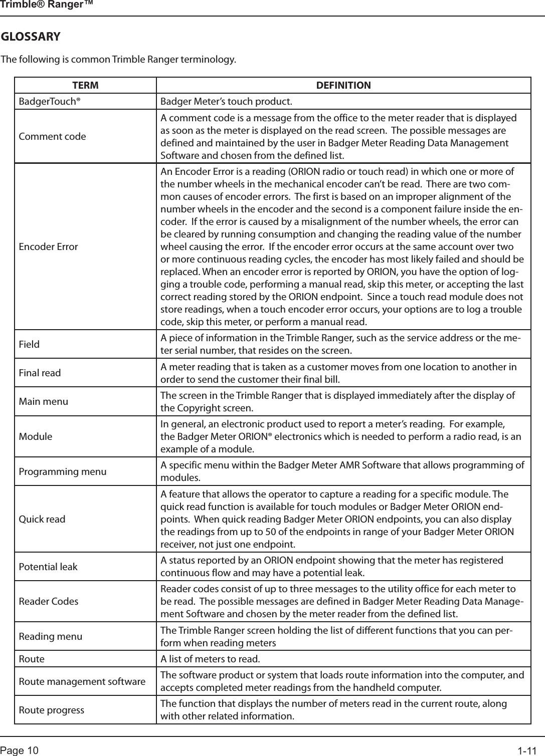 Page 10          1-11Trimble® Ranger™GLOSSARYThe following is common Trimble Ranger terminology. TERM DEFINITIONBadgerTouch® Badger Meter’s touch product.Comment codeA comment code is a message from the office to the meter reader that is displayed as soon as the meter is displayed on the read screen.  The possible messages are defined and maintained by the user in Badger Meter Reading Data Management Software and chosen from the defined list.Encoder ErrorAn Encoder Error is a reading (ORION radio or touch read) in which one or more of the number wheels in the mechanical encoder can’t be read.  There are two com-mon causes of encoder errors.  The first is based on an improper alignment of the number wheels in the encoder and the second is a component failure inside the en-coder.  If the error is caused by a misalignment of the number wheels, the error can be cleared by running consumption and changing the reading value of the number wheel causing the error.  If the encoder error occurs at the same account over two or more continuous reading cycles, the encoder has most likely failed and should be replaced. When an encoder error is reported by ORION, you have the option of log-ging a trouble code, performing a manual read, skip this meter, or accepting the last correct reading stored by the ORION endpoint.  Since a touch read module does not store readings, when a touch encoder error occurs, your options are to log a trouble code, skip this meter, or perform a manual read. Field A piece of information in the Trimble Ranger, such as the service address or the me-ter serial number, that resides on the screen.  Final read A meter reading that is taken as a customer moves from one location to another in order to send the customer their final bill.Main menu The screen in the Trimble Ranger that is displayed immediately after the display of the Copyright screen.ModuleIn general, an electronic product used to report a meter’s reading.  For example, the Badger Meter ORION® electronics which is needed to perform a radio read, is an example of a module.Programming menu A specific menu within the Badger Meter AMR Software that allows programming of modules.Quick readA feature that allows the operator to capture a reading for a specific module. The quick read function is available for touch modules or Badger Meter ORION end-points.  When quick reading Badger Meter ORION endpoints, you can also display the readings from up to 50 of the endpoints in range of your Badger Meter ORION receiver, not just one endpoint.Potential leak A status reported by an ORION endpoint showing that the meter has registered continuous flow and may have a potential leak.Reader CodesReader codes consist of up to three messages to the utility office for each meter to be read.  The possible messages are defined in Badger Meter Reading Data Manage-ment Software and chosen by the meter reader from the defined list.Reading menu The Trimble Ranger screen holding the list of different functions that you can per-form when reading metersRoute A list of meters to read.Route management software The software product or system that loads route information into the computer, and accepts completed meter readings from the handheld computer.Route progress The function that displays the number of meters read in the current route, along with other related information.