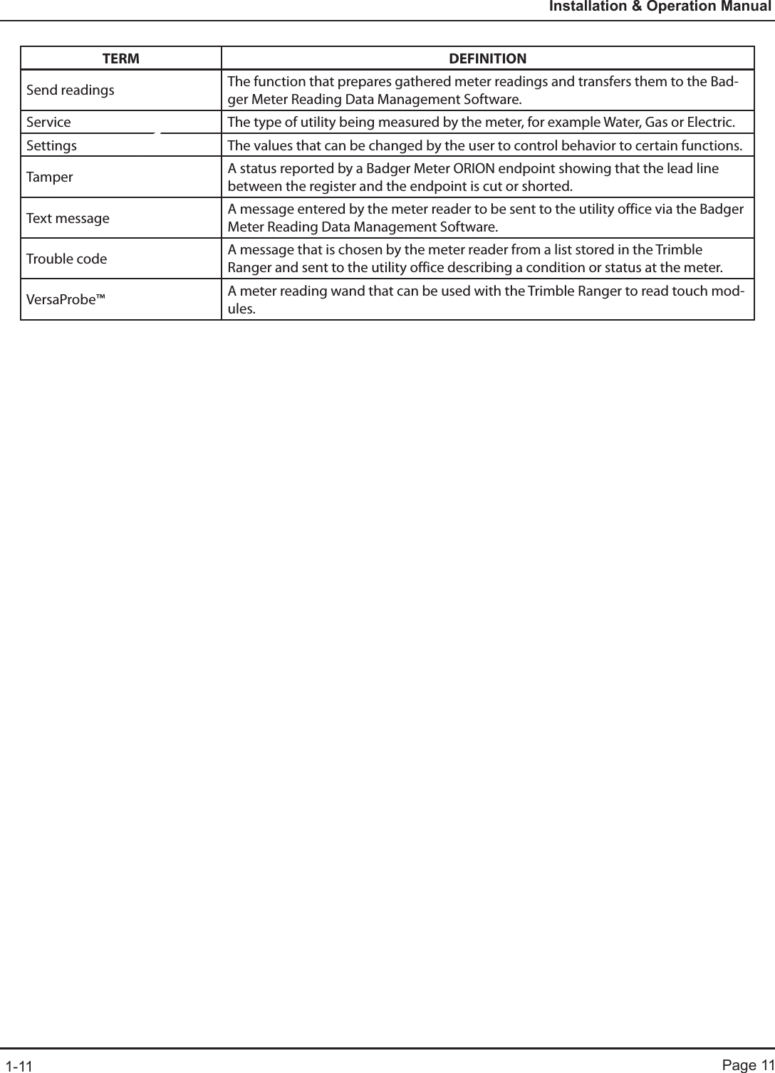 Page 111-11Installation &amp; Operation ManualTERM DEFINITIONSend readings The function that prepares gathered meter readings and transfers them to the Bad-ger Meter Reading Data Management Software.  Service The type of utility being measured by the meter, for example Water, Gas or Electric.Settings The values that can be changed by the user to control behavior to certain functions.Tamper A status reported by a Badger Meter ORION endpoint showing that the lead line between the register and the endpoint is cut or shorted. Text message A message entered by the meter reader to be sent to the utility office via the Badger Meter Reading Data Management Software.Trouble code A message that is chosen by the meter reader from a list stored in the Trimble Ranger and sent to the utility office describing a condition or status at the meter.VersaProbe™ A meter reading wand that can be used with the Trimble Ranger to read touch mod-ules.