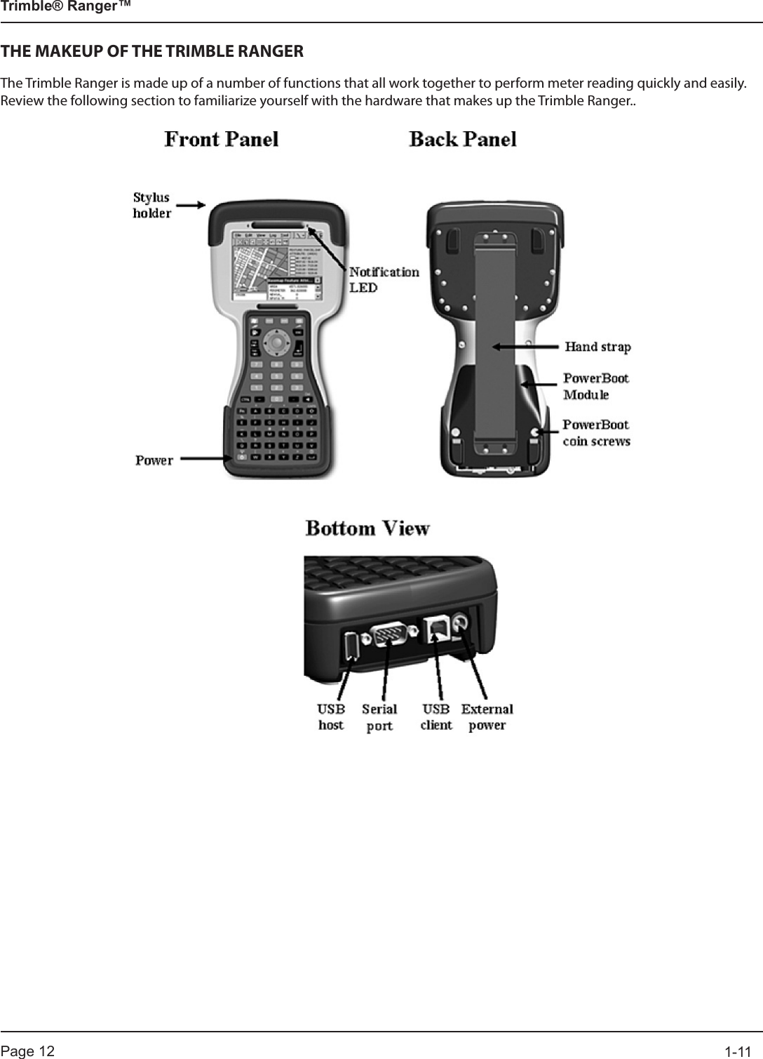 Page 12          1-11Trimble® Ranger™THE MAKEUP OF THE TRIMBLE RANGERThe Trimble Ranger is made up of a number of functions that all work together to perform meter reading quickly and easily.  Review the following section to familiarize yourself with the hardware that makes up the Trimble Ranger..