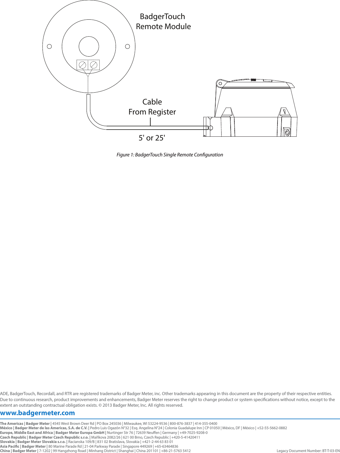 BadgerTouch Remote ModuleCableFrom Register5&apos; or 25&apos;Figure 1: BadgerTouch Single Remote Configurationwww.badgermeter.comADE, BadgerTouch, Recordall, and RTR are registered trademarks of Badger Meter, inc. Other trademarks appearing in this document are the property of their respective entities. Due to continuous research, product improvements and enhancements, Badger Meter reserves the right to change product or system specications without notice, except to the extent an outstanding contractual obligation exists. © 2013 Badger Meter, Inc. All rights reserved. The Americas | Badger Meter | 4545 West Brown Deer Rd | PO Box 245036 | Milwaukee, WI 53224-9536 | 800-876-3837 | 414-355-0400México | Badger Meter de las Americas, S.A. de C.V. | Pedro Luis Ogazón N°32 | Esq. Angelina N°24 | Colonia Guadalupe Inn | CP 01050 | México, DF | México | +52-55-5662-0882Europe, Middle East and Africa | Badger Meter Europa GmbH | Nurtinger Str 76 | 72639 Neuen | Germany | +49-7025-9208-0Czech Republic | Badger Meter Czech Republic s.r.o. | Maříkova 2082/26 | 621 00 Brno, Czech Republic | +420-5-41420411Slovakia | Badger Meter Slovakia s.r.o. | Racianska 109/B | 831 02 Bratislava, Slovakia | +421-2-44 63 83 01Asia Pacic | Badger Meter | 80 Marine Parade Rd | 21-04 Parkway Parade | Singapore 449269 | +65-63464836 China | Badger Meter | 7-1202 | 99 Hangzhong Road | Minhang District | Shanghai | China 201101 | +86-21-5763 5412  Legacy Document Number: BT-T-03-EN