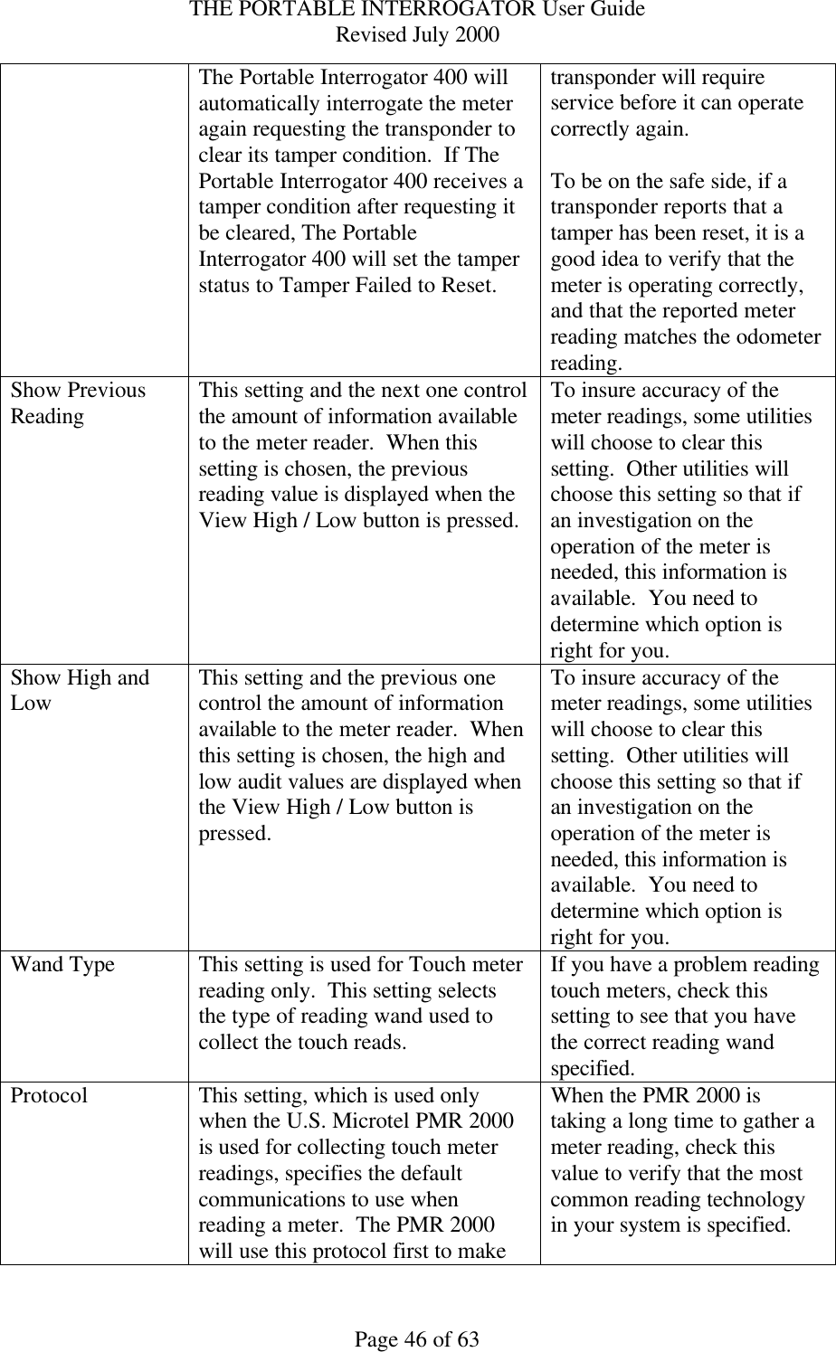 THE PORTABLE INTERROGATOR User Guide Revised July 2000 Page 46 of 63 The Portable Interrogator 400 will automatically interrogate the meter again requesting the transponder to clear its tamper condition.  If The Portable Interrogator 400 receives a tamper condition after requesting it be cleared, The Portable Interrogator 400 will set the tamper status to Tamper Failed to Reset. transponder will require service before it can operate correctly again.    To be on the safe side, if a transponder reports that a tamper has been reset, it is a good idea to verify that the meter is operating correctly, and that the reported meter reading matches the odometer reading. Show Previous Reading This setting and the next one control the amount of information available to the meter reader.  When this setting is chosen, the previous reading value is displayed when the View High / Low button is pressed.   To insure accuracy of the meter readings, some utilities will choose to clear this setting.  Other utilities will choose this setting so that if an investigation on the operation of the meter is needed, this information is available.  You need to determine which option is right for you. Show High and Low This setting and the previous one control the amount of information available to the meter reader.  When this setting is chosen, the high and low audit values are displayed when the View High / Low button is pressed.   To insure accuracy of the meter readings, some utilities will choose to clear this setting.  Other utilities will choose this setting so that if an investigation on the operation of the meter is needed, this information is available.  You need to determine which option is right for you. Wand Type This setting is used for Touch meter reading only.  This setting selects the type of reading wand used to collect the touch reads. If you have a problem reading touch meters, check this setting to see that you have the correct reading wand specified. Protocol This setting, which is used only when the U.S. Microtel PMR 2000 is used for collecting touch meter readings, specifies the default communications to use when reading a meter.  The PMR 2000 will use this protocol first to make When the PMR 2000 is taking a long time to gather a meter reading, check this value to verify that the most common reading technology in your system is specified. 