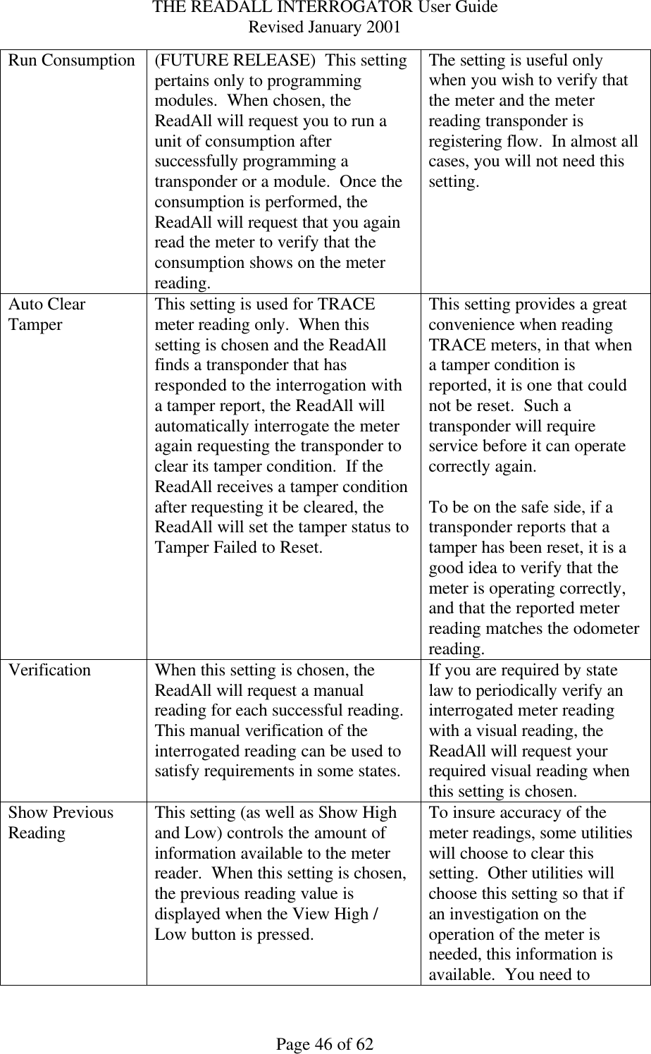 THE READALL INTERROGATOR User Guide Revised January 2001 Page 46 of 62 Run Consumption (FUTURE RELEASE)  This setting pertains only to programming modules.  When chosen, the ReadAll will request you to run a unit of consumption after successfully programming a transponder or a module.  Once the consumption is performed, the ReadAll will request that you again read the meter to verify that the consumption shows on the meter reading. The setting is useful only when you wish to verify that the meter and the meter reading transponder is registering flow.  In almost all cases, you will not need this setting. Auto Clear Tamper This setting is used for TRACE meter reading only.  When this setting is chosen and the ReadAll finds a transponder that has responded to the interrogation with a tamper report, the ReadAll will automatically interrogate the meter again requesting the transponder to clear its tamper condition.  If the ReadAll receives a tamper condition after requesting it be cleared, the ReadAll will set the tamper status to Tamper Failed to Reset. This setting provides a great convenience when reading TRACE meters, in that when a tamper condition is reported, it is one that could not be reset.  Such a transponder will require service before it can operate correctly again.    To be on the safe side, if a transponder reports that a tamper has been reset, it is a good idea to verify that the meter is operating correctly, and that the reported meter reading matches the odometer reading. Verification When this setting is chosen, the ReadAll will request a manual reading for each successful reading.  This manual verification of the interrogated reading can be used to satisfy requirements in some states. If you are required by state law to periodically verify an interrogated meter reading with a visual reading, the ReadAll will request your required visual reading when this setting is chosen. Show Previous Reading This setting (as well as Show High and Low) controls the amount of information available to the meter reader.  When this setting is chosen, the previous reading value is displayed when the View High / Low button is pressed.   To insure accuracy of the meter readings, some utilities will choose to clear this setting.  Other utilities will choose this setting so that if an investigation on the operation of the meter is needed, this information is available.  You need to 