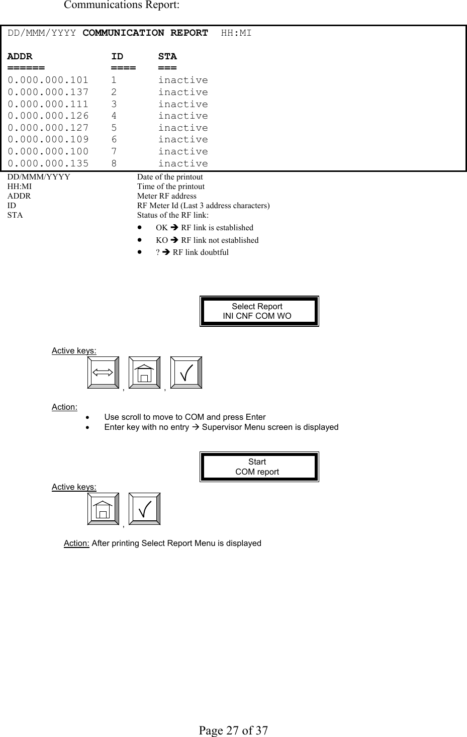     Page 27 of 37   Communications Report:  DD /MMM/YYYY COMMUNICATION REPORT  HH:MI ADDR ID STA ====== ====  === 0.000.000.101 1  inactive 0.000.000.137 2  inactive 0.000.000.111 3  inactive 0.000.000.126 4  inactive 0.000.000.127 5  inactive 0.000.000.109 6  inactive 0.000.000.100 7  inactive 0.000.000.135 8  inactive DD/MMM/YYYY  Date of the printout HH:MI  Time of the printout ADDR  Meter RF address ID  RF Meter Id (Last 3 address characters) STA  Status of the RF link: • OK Î RF link is established • KO Î RF link not established • ? Î RF link doubtful     Select Report INI CNF COM WO   Active keys:  ,  ,    Action:  •  Use scroll to move to COM and press Enter •  Enter key with no entry Æ Supervisor Menu screen is displayed   Start  COM report Active keys:  ,    Action: After printing Select Report Menu is displayed  