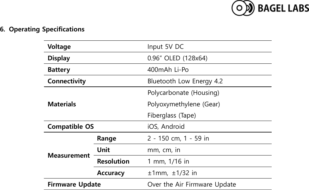  6. Operating Specifications Voltage Input 5V DC Display 0.96” OLED (128x64) Battery 400mAh Li-Po Connectivity Bluetooth Low Energy 4.2 Materials Polycarbonate (Housing) Polyoxymethylene (Gear) Fiberglass (Tape) Compatible OS iOS, Android Measurement Range 2 - 150 cm, 1 - 59 in Unit mm, cm, in Resolution 1 mm, 1/16 in Accuracy ±1mm,  ±1/32 in Firmware Update Over the Air Firmware Update     