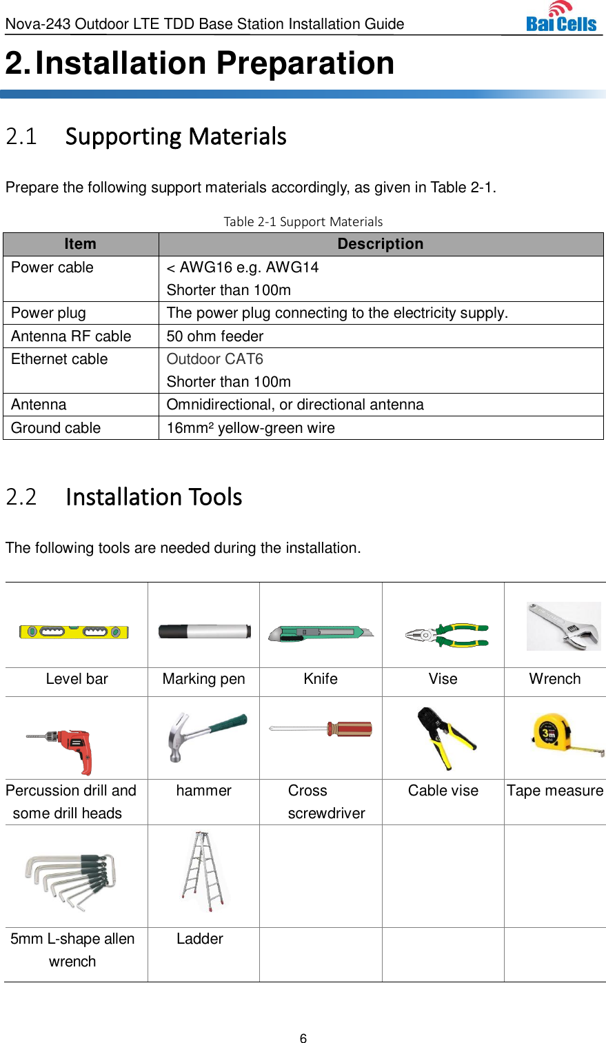 Nova-243 Outdoor LTE TDD Base Station Installation Guide 6  2. Installation Preparation  Supporting Materials 2.1Prepare the following support materials accordingly, as given in Table 2-1. Table 2-1 Support Materials Item Description Power cable &lt; AWG16 e.g. AWG14 Shorter than 100m Power plug The power plug connecting to the electricity supply. Antenna RF cable 50 ohm feeder Ethernet cable Outdoor CAT6 Shorter than 100m Antenna Omnidirectional, or directional antenna Ground cable 16mm² yellow-green wire   Installation Tools 2.2The following tools are needed during the installation.               Level bar Marking pen Knife Vise Wrench            Percussion drill and some drill heads hammer Cross screwdriver Cable vise Tape measure      5mm L-shape allen wrench Ladder    