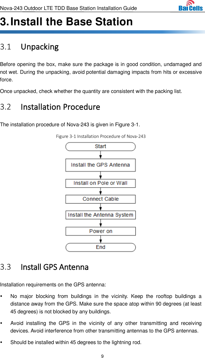 Nova-243 Outdoor LTE TDD Base Station Installation Guide 9  3. Install the Base Station  Unpacking 3.1Before opening the box, make sure the package is in good condition, undamaged and not wet. During the unpacking, avoid potential damaging impacts from hits or excessive force.   Once unpacked, check whether the quantity are consistent with the packing list.  Installation Procedure 3.2The installation procedure of Nova-243 is given in Figure 3-1. Figure 3-1 Installation Procedure of Nova-243   Install GPS Antenna 3.3Installation requirements on the GPS antenna:   No  major  blocking  from  buildings  in  the  vicinity.  Keep  the  rooftop  buildings  a distance away from the GPS. Make sure the space atop within 90 degrees (at least 45 degrees) is not blocked by any buildings.       Avoid  installing  the  GPS  in  the  vicinity  of  any  other  transmitting  and  receiving devices. Avoid interference from other transmitting antennas to the GPS antennas.   Should be installed within 45 degrees to the lightning rod. 