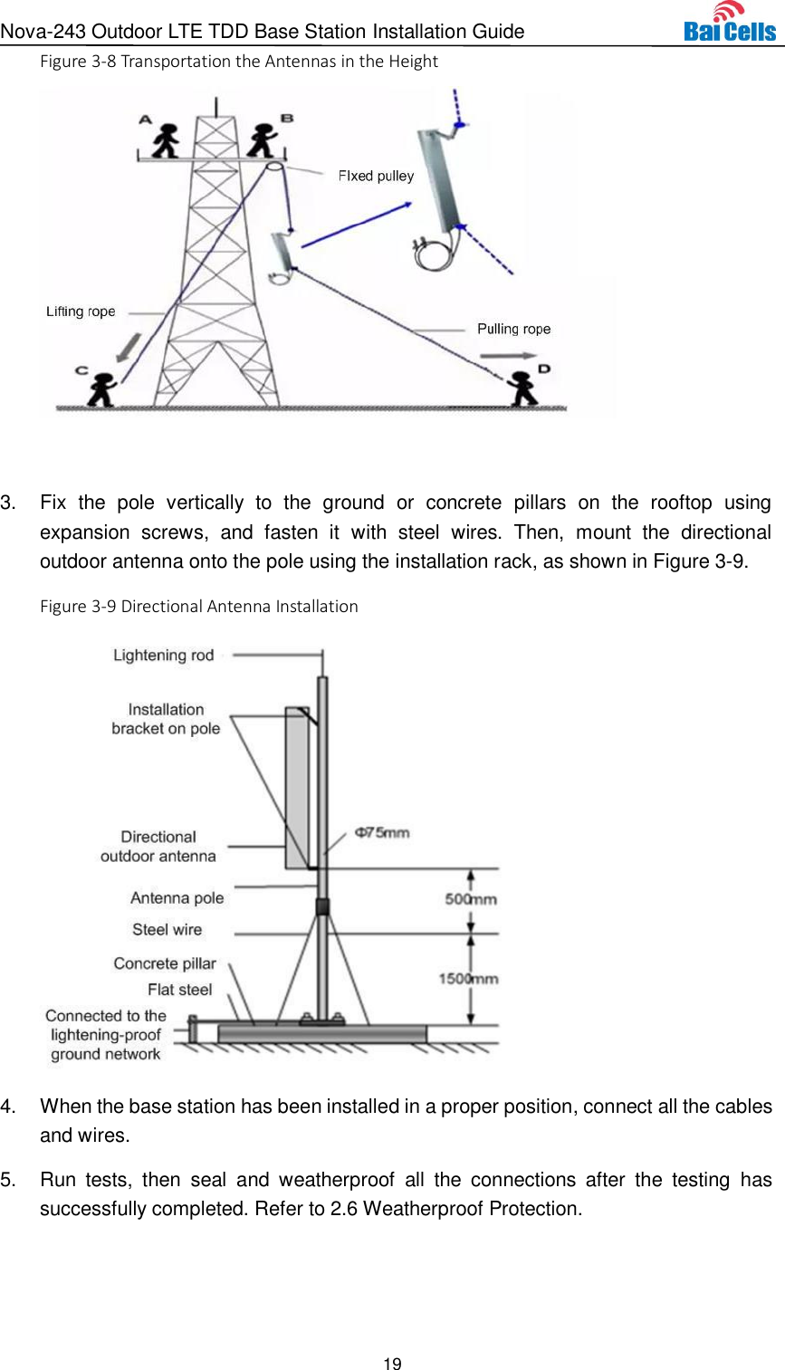 Nova-243 Outdoor LTE TDD Base Station Installation Guide 19  Figure 3-8 Transportation the Antennas in the Height   3.  Fix  the  pole  vertically  to  the  ground  or  concrete  pillars  on  the  rooftop  using expansion  screws,  and  fasten  it  with  steel  wires.  Then,  mount  the  directional outdoor antenna onto the pole using the installation rack, as shown in Figure 3-9. Figure 3-9 Directional Antenna Installation  4.  When the base station has been installed in a proper position, connect all the cables and wires. 5.  Run  tests,  then  seal  and  weatherproof  all  the  connections  after  the  testing  has successfully completed. Refer to 2.6 Weatherproof Protection. 