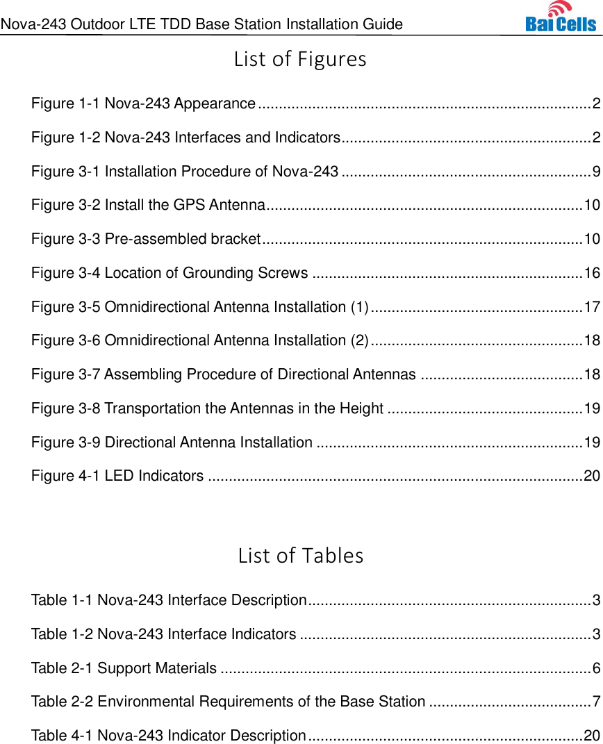 Nova-243 Outdoor LTE TDD Base Station Installation Guide  List of Figures Figure 1-1 Nova-243 Appearance ................................................................................ 2 Figure 1-2 Nova-243 Interfaces and Indicators ............................................................ 2 Figure 3-1 Installation Procedure of Nova-243 ............................................................ 9 Figure 3-2 Install the GPS Antenna ............................................................................ 10 Figure 3-3 Pre-assembled bracket ............................................................................. 10 Figure 3-4 Location of Grounding Screws ................................................................. 16 Figure 3-5 Omnidirectional Antenna Installation (1) ................................................... 17 Figure 3-6 Omnidirectional Antenna Installation (2) ................................................... 18 Figure 3-7 Assembling Procedure of Directional Antennas ....................................... 18 Figure 3-8 Transportation the Antennas in the Height ............................................... 19 Figure 3-9 Directional Antenna Installation ................................................................ 19 Figure 4-1 LED Indicators .......................................................................................... 20  List of Tables Table 1-1 Nova-243 Interface Description .................................................................... 3 Table 1-2 Nova-243 Interface Indicators ...................................................................... 3 Table 2-1 Support Materials ......................................................................................... 6 Table 2-2 Environmental Requirements of the Base Station ....................................... 7 Table 4-1 Nova-243 Indicator Description .................................................................. 20    