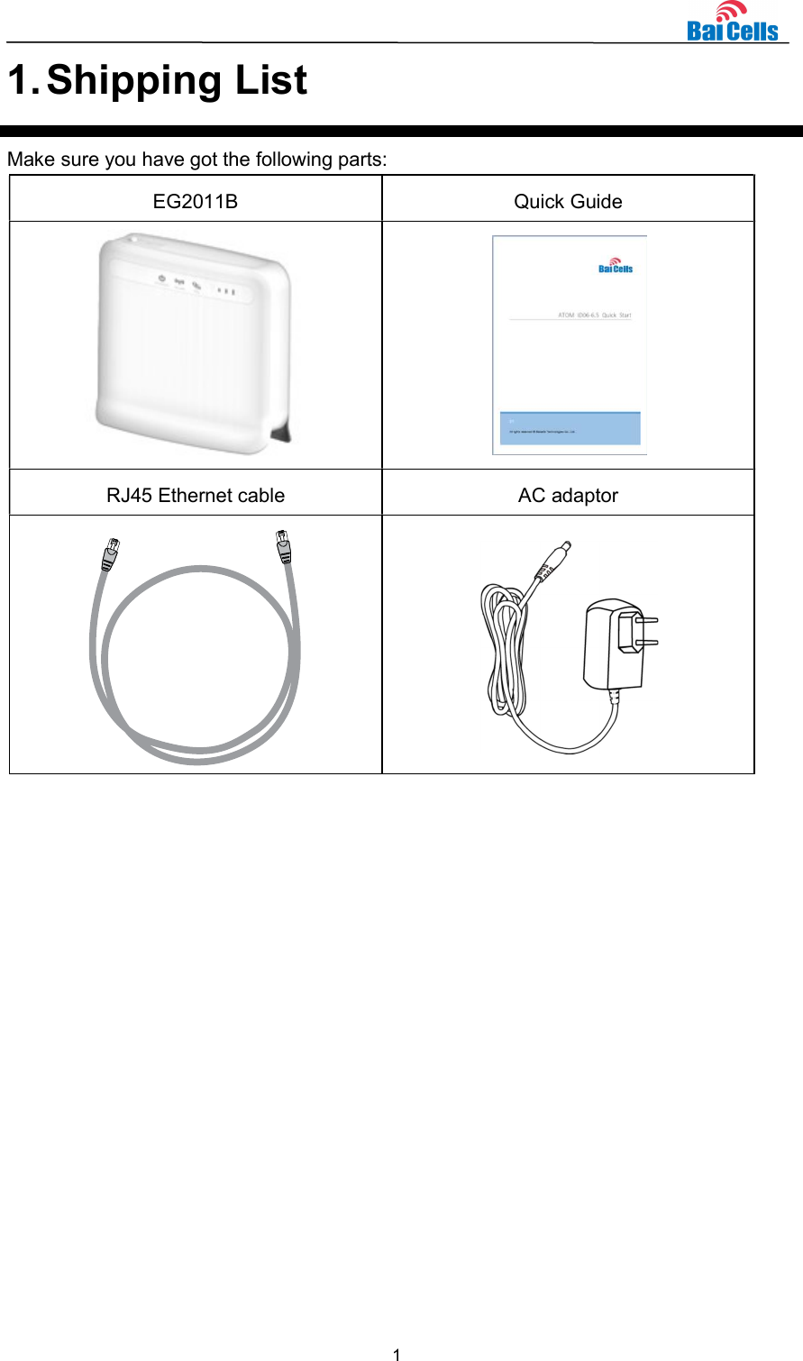  1  1. Shipping List Make sure you have got the following parts: EG2011B    Quick Guide   RJ45 Ethernet cable  AC adaptor      