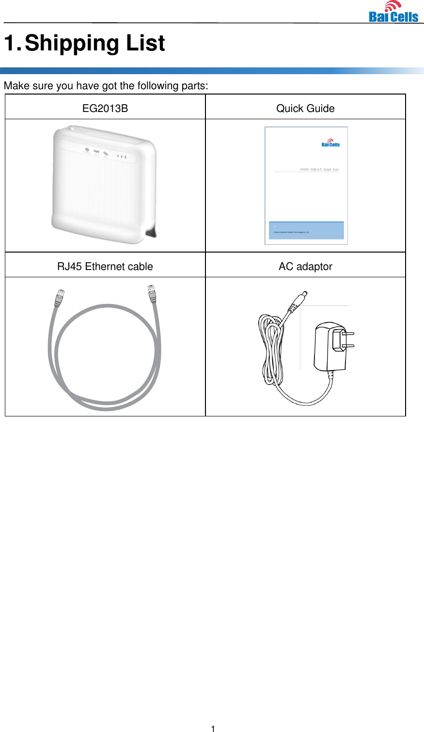  1  1. Shipping List Make sure you have got the following parts: EG2013B Quick Guide   RJ45 Ethernet cable AC adaptor      