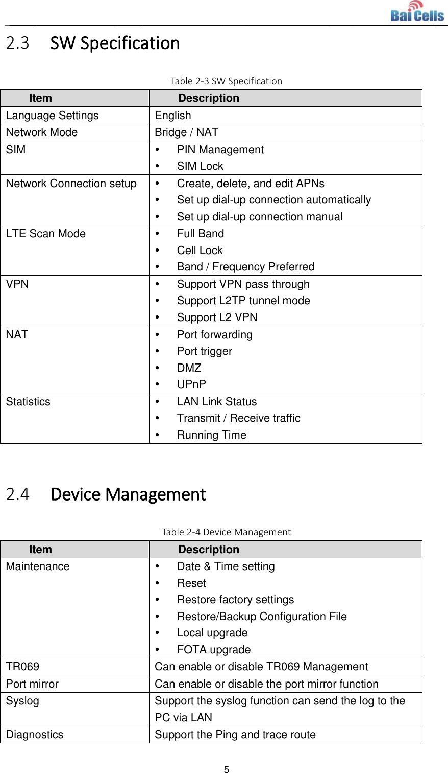  5  2.3 SW Specification Table 2-3 SW Specification Item Description Language Settings English Network Mode Bridge / NAT SIM   PIN Management   SIM Lock Network Connection setup   Create, delete, and edit APNs   Set up dial-up connection automatically   Set up dial-up connection manual LTE Scan Mode   Full Band   Cell Lock   Band / Frequency Preferred VPN   Support VPN pass through   Support L2TP tunnel mode   Support L2 VPN NAT   Port forwarding   Port trigger   DMZ   UPnP Statistics   LAN Link Status   Transmit / Receive traffic   Running Time  2.4 Device Management Table 2-4 Device Management Item Description Maintenance   Date &amp; Time setting   Reset   Restore factory settings   Restore/Backup Configuration File   Local upgrade   FOTA upgrade TR069 Can enable or disable TR069 Management Port mirror Can enable or disable the port mirror function Syslog Support the syslog function can send the log to the PC via LAN Diagnostics Support the Ping and trace route 