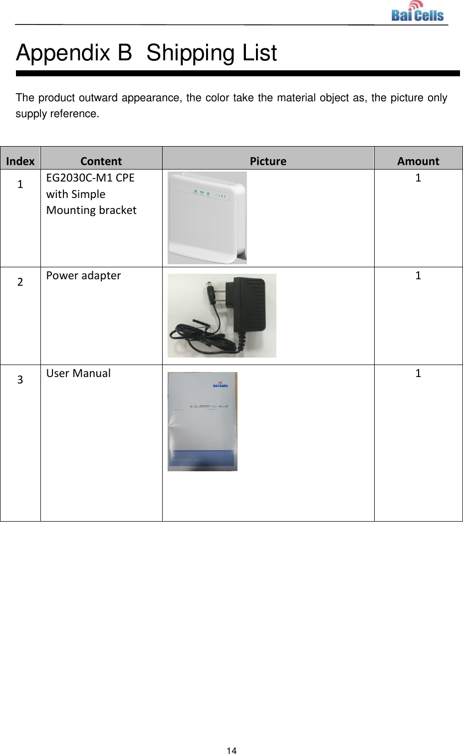  14  Appendix B  Shipping List The product outward appearance, the color take the material object as, the picture only supply reference.    Index Content Picture Amount 1 EG2030C-M1 CPE with Simple Mounting bracket  1 2 Power adapter  1 3 User Manual  1  