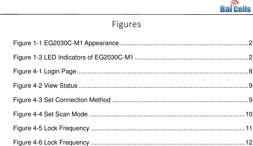    Figures Figure 1-1 EG2030C-M1 Appearance .......................................................................... 2 Figure 1-3 LED Indicators of EG2030C-M1 ................................................................. 2 Figure 4-1 Login Page .................................................................................................. 8 Figure 4-2 View Status ................................................................................................. 9 Figure 4-3 Set Connection Method .............................................................................. 9 Figure 4-4 Set Scan Mode ......................................................................................... 10 Figure 4-5 Lock Frequency ........................................................................................ 11 Figure 4-6 Lock Frequency ........................................................................................ 12 