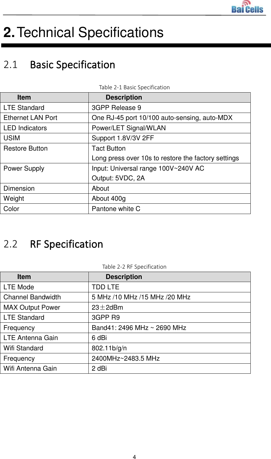  4  2. Technical Specifications 2.1 Basic Specification Table 2-1 Basic Specification Item Description LTE Standard 3GPP Release 9 Ethernet LAN Port One RJ-45 port 10/100 auto-sensing, auto-MDX LED Indicators Power/LET Signal/WLAN USIM Support 1.8V/3V 2FF Restore Button Tact Button Long press over 10s to restore the factory settings Power Supply Input: Universal range 100V~240V AC Output: 5VDC, 2A Dimension About   Weight About 400g Color Pantone white C  2.2 RF Specification Table 2-2 RF Specification Item Description LTE Mode TDD LTE Channel Bandwidth 5 MHz /10 MHz /15 MHz /20 MHz MAX Output Power 23±2dBm LTE Standard 3GPP R9 Frequency Band41: 2496 MHz ~ 2690 MHz LTE Antenna Gain 6 dBi Wifi Standard 802.11b/g/n Frequency 2400MHz~2483.5 MHz Wifi Antenna Gain 2 dBi   