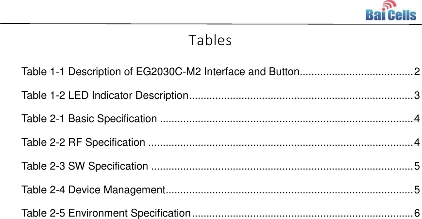    Tables Table 1-1 Description of EG2030C-M2 Interface and Button ....................................... 2 Table 1-2 LED Indicator Description ............................................................................. 3 Table 2-1 Basic Specification ....................................................................................... 4 Table 2-2 RF Specification ........................................................................................... 4 Table 2-3 SW Specification .......................................................................................... 5 Table 2-4 Device Management ..................................................................................... 5 Table 2-5 Environment Specification ............................................................................ 6 