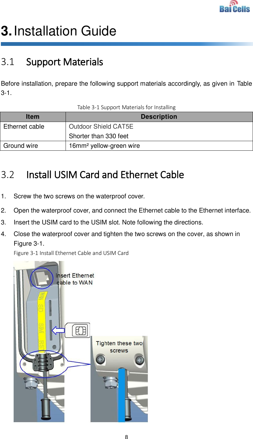  8  3. Installation Guide 3.1 Support Materials Before installation, prepare the following support materials accordingly, as given in Table 3-1. Table 3-1 Support Materials for Installing Item Description Ethernet cable Outdoor Shield CAT5E Shorter than 330 feet Ground wire 16mm² yellow-green wire  3.2 Install USIM Card and Ethernet Cable 1.  Screw the two screws on the waterproof cover. 2.  Open the waterproof cover, and connect the Ethernet cable to the Ethernet interface. 3.  Insert the USIM card to the USIM slot. Note following the directions. 4.  Close the waterproof cover and tighten the two screws on the cover, as shown in Figure 3-1. Figure 3-1 Install Ethernet Cable and USIM Card  