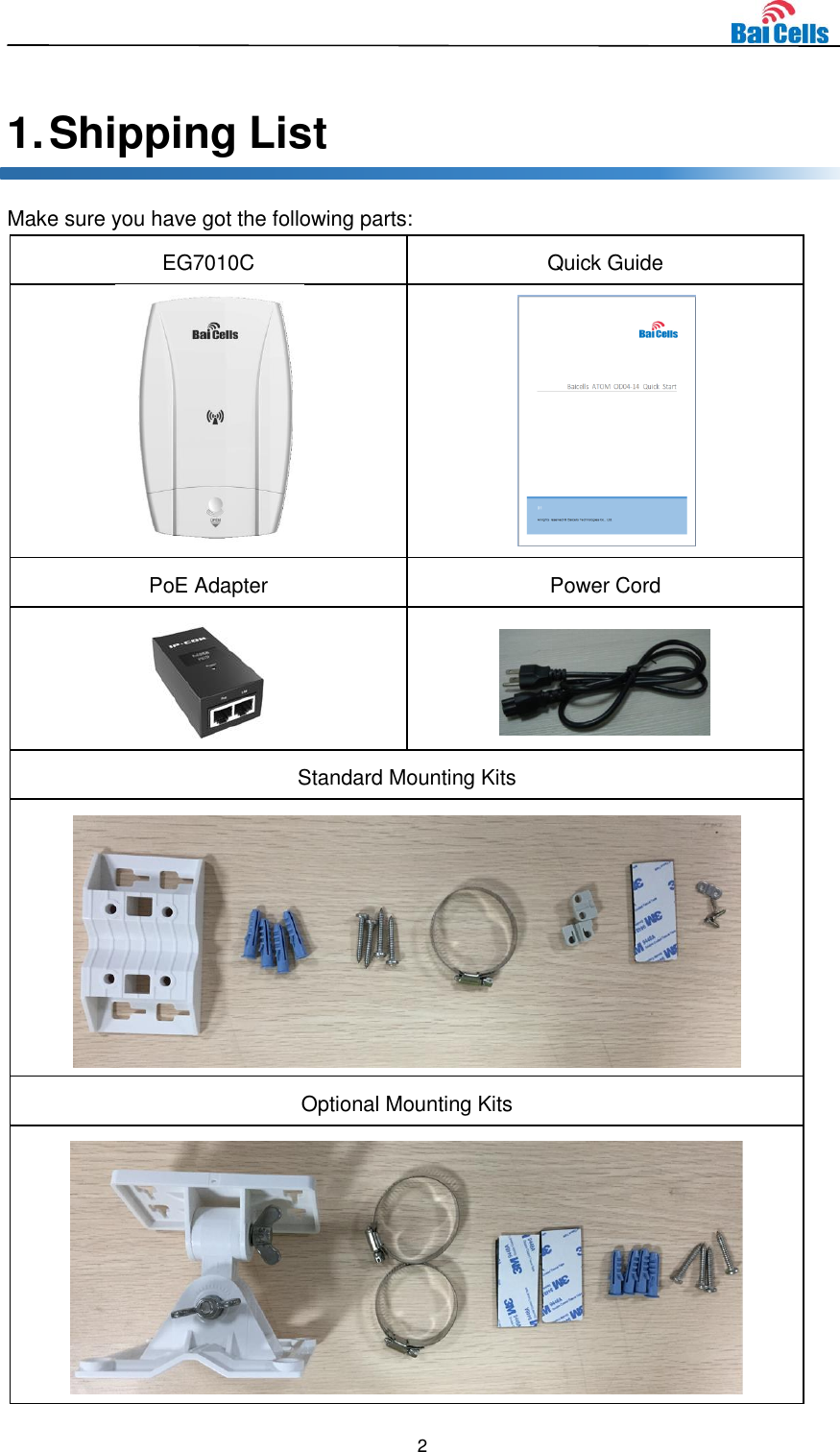  2   1. Shipping List Make sure you have got the following parts: EG7010C Quick Guide   PoE Adapter Power Cord   Standard Mounting Kits  Optional Mounting Kits  