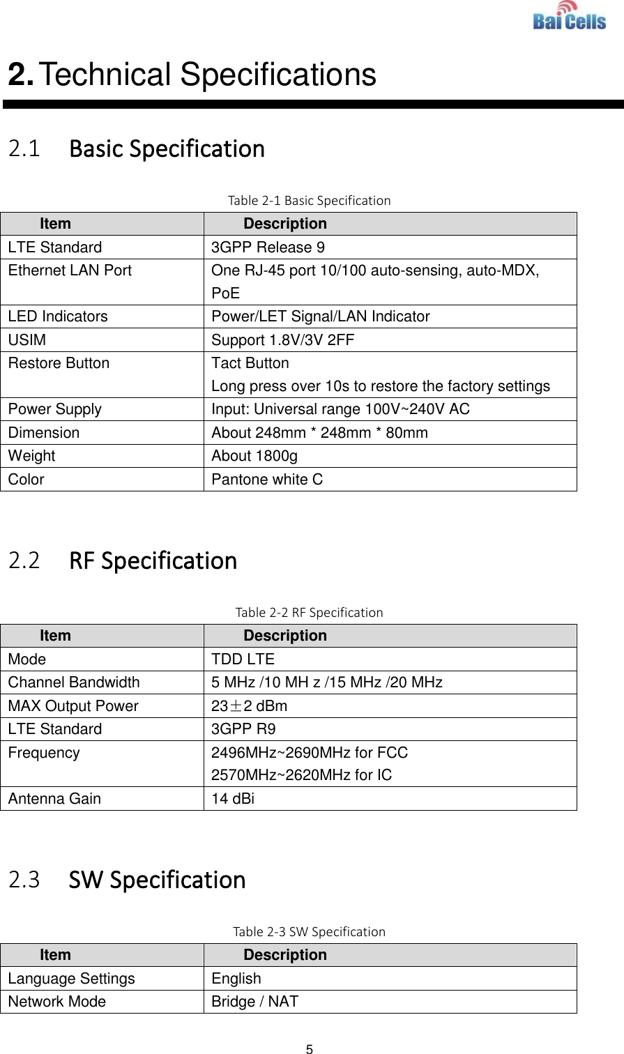  5  2. Technical Specifications 2.1 Basic Specification Table 2-1 Basic Specification Item Description LTE Standard 3GPP Release 9 Ethernet LAN Port One RJ-45 port 10/100 auto-sensing, auto-MDX, PoE LED Indicators Power/LET Signal/LAN Indicator USIM Support 1.8V/3V 2FF Restore Button Tact Button Long press over 10s to restore the factory settings Power Supply Input: Universal range 100V~240V AC Dimension About 248mm * 248mm * 80mm Weight About 1800g Color Pantone white C  2.2 RF Specification Table 2-2 RF Specification Item Description Mode TDD LTE Channel Bandwidth 5 MHz /10 MH z /15 MHz /20 MHz MAX Output Power 23±2 dBm LTE Standard 3GPP R9 Frequency 2496MHz~2690MHz for FCC 2570MHz~2620MHz for IC Antenna Gain 14 dBi  2.3 SW Specification Table 2-3 SW Specification Item Description Language Settings English Network Mode Bridge / NAT 