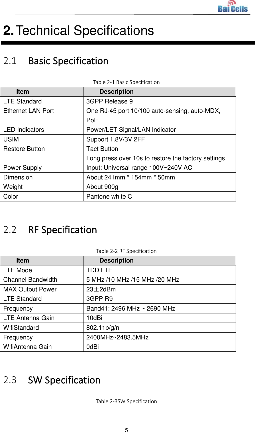  5  2. Technical Specifications 2.1 Basic Specification Table 2-1 Basic Specification Item Description LTE Standard 3GPP Release 9 Ethernet LAN Port One RJ-45 port 10/100 auto-sensing, auto-MDX, PoE LED Indicators Power/LET Signal/LAN Indicator USIM Support 1.8V/3V 2FF Restore Button Tact Button Long press over 10s to restore the factory settings Power Supply Input: Universal range 100V~240V AC Dimension About 241mm * 154mm * 50mm Weight About 900g Color Pantone white C  2.2 RF Specification Table 2-2 RF Specification Item Description LTE Mode TDD LTE Channel Bandwidth 5 MHz /10 MHz /15 MHz /20 MHz MAX Output Power 23±2dBm LTE Standard 3GPP R9 Frequency Band41: 2496 MHz ~ 2690 MHz LTE Antenna Gain 10dBi WifiStandard 802.11b/g/n Frequency 2400MHz~2483.5MHz WifiAntenna Gain 0dBi  2.3 SW Specification Table 2-3SW Specification  