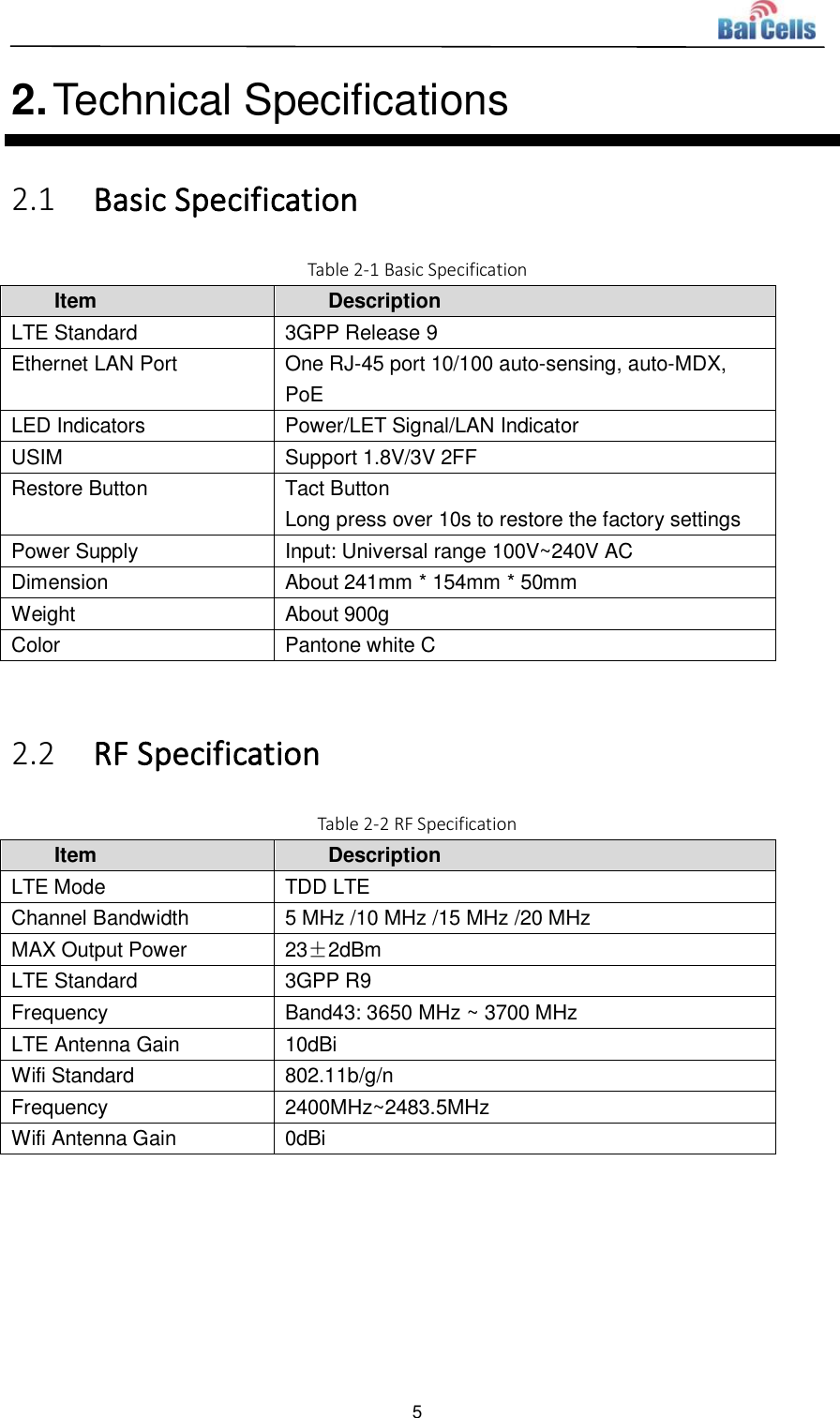  5  2. Technical Specifications 2.1 Basic Specification Table 2-1 Basic Specification Item Description LTE Standard 3GPP Release 9 Ethernet LAN Port One RJ-45 port 10/100 auto-sensing, auto-MDX, PoE LED Indicators Power/LET Signal/LAN Indicator USIM Support 1.8V/3V 2FF Restore Button Tact Button Long press over 10s to restore the factory settings Power Supply Input: Universal range 100V~240V AC Dimension About 241mm * 154mm * 50mm Weight About 900g Color Pantone white C  2.2 RF Specification Table 2-2 RF Specification Item Description LTE Mode TDD LTE Channel Bandwidth 5 MHz /10 MHz /15 MHz /20 MHz MAX Output Power 23±2dBm LTE Standard 3GPP R9 Frequency Band43: 3650 MHz ~ 3700 MHz LTE Antenna Gain 10dBi Wifi Standard 802.11b/g/n Frequency 2400MHz~2483.5MHz Wifi Antenna Gain 0dBi   