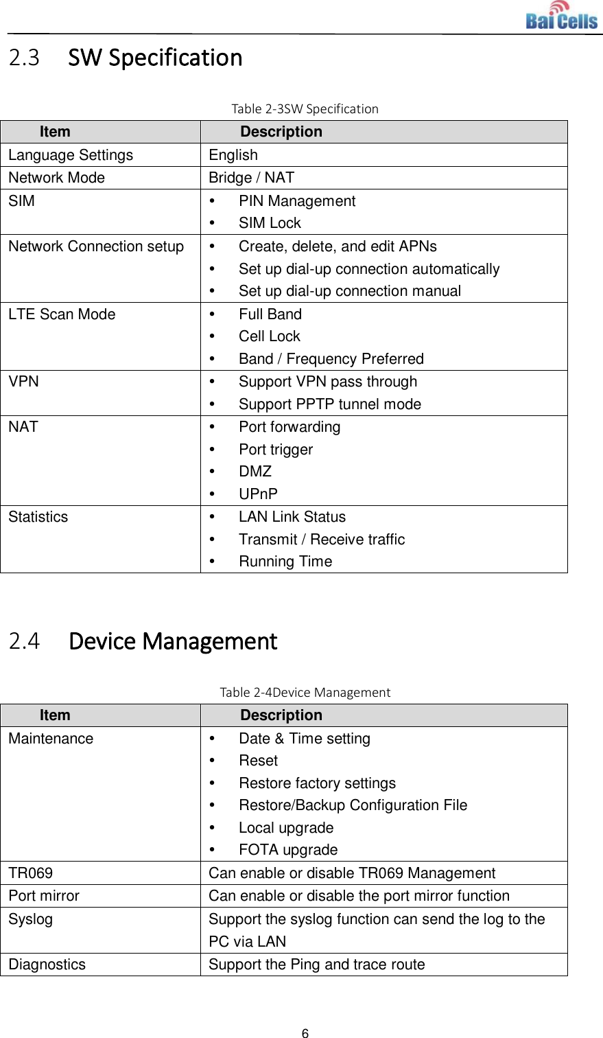  6  2.3 SW Specification Table 2-3SW Specification Item Description Language Settings English Network Mode Bridge / NAT SIM   PIN Management   SIM Lock Network Connection setup   Create, delete, and edit APNs   Set up dial-up connection automatically   Set up dial-up connection manual LTE Scan Mode   Full Band   Cell Lock   Band / Frequency Preferred VPN   Support VPN pass through   Support PPTP tunnel mode NAT   Port forwarding   Port trigger   DMZ   UPnP Statistics   LAN Link Status   Transmit / Receive traffic   Running Time  2.4 Device Management Table 2-4Device Management Item Description Maintenance   Date &amp; Time setting   Reset   Restore factory settings   Restore/Backup Configuration File   Local upgrade   FOTA upgrade TR069 Can enable or disable TR069 Management Port mirror Can enable or disable the port mirror function Syslog Support the syslog function can send the log to the PC via LAN Diagnostics Support the Ping and trace route  